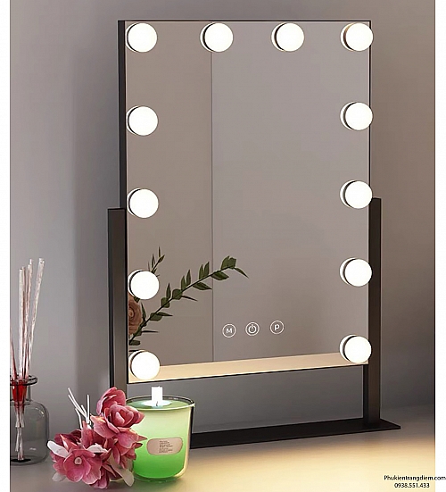 [Cao 46cm - 12 LED] Gương Để Bàn Trang Điểm Màu Đen Có Đèn LED