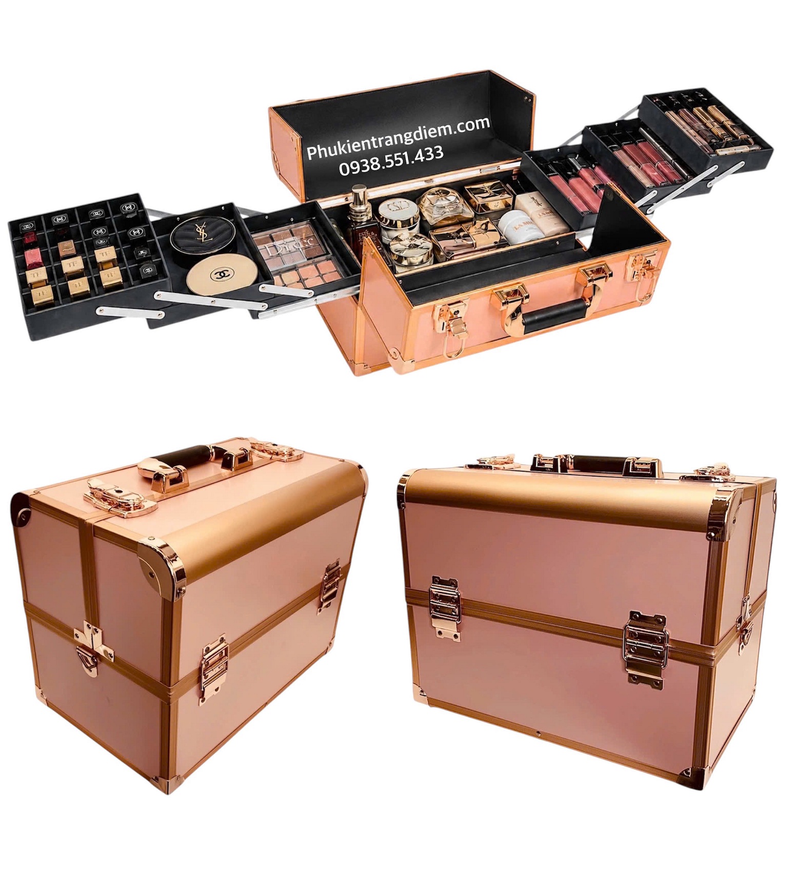 cốp makeup đa năng c&oacute; khay trượt m&agrave;u rose gold sang trọng gi&aacute; rẻ