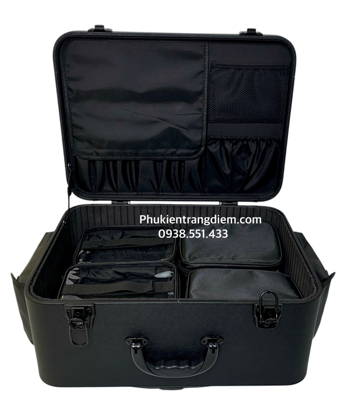 Cốp trang điểm cao cấp bằng da có chôt cài kèm 4 túi trong suốt