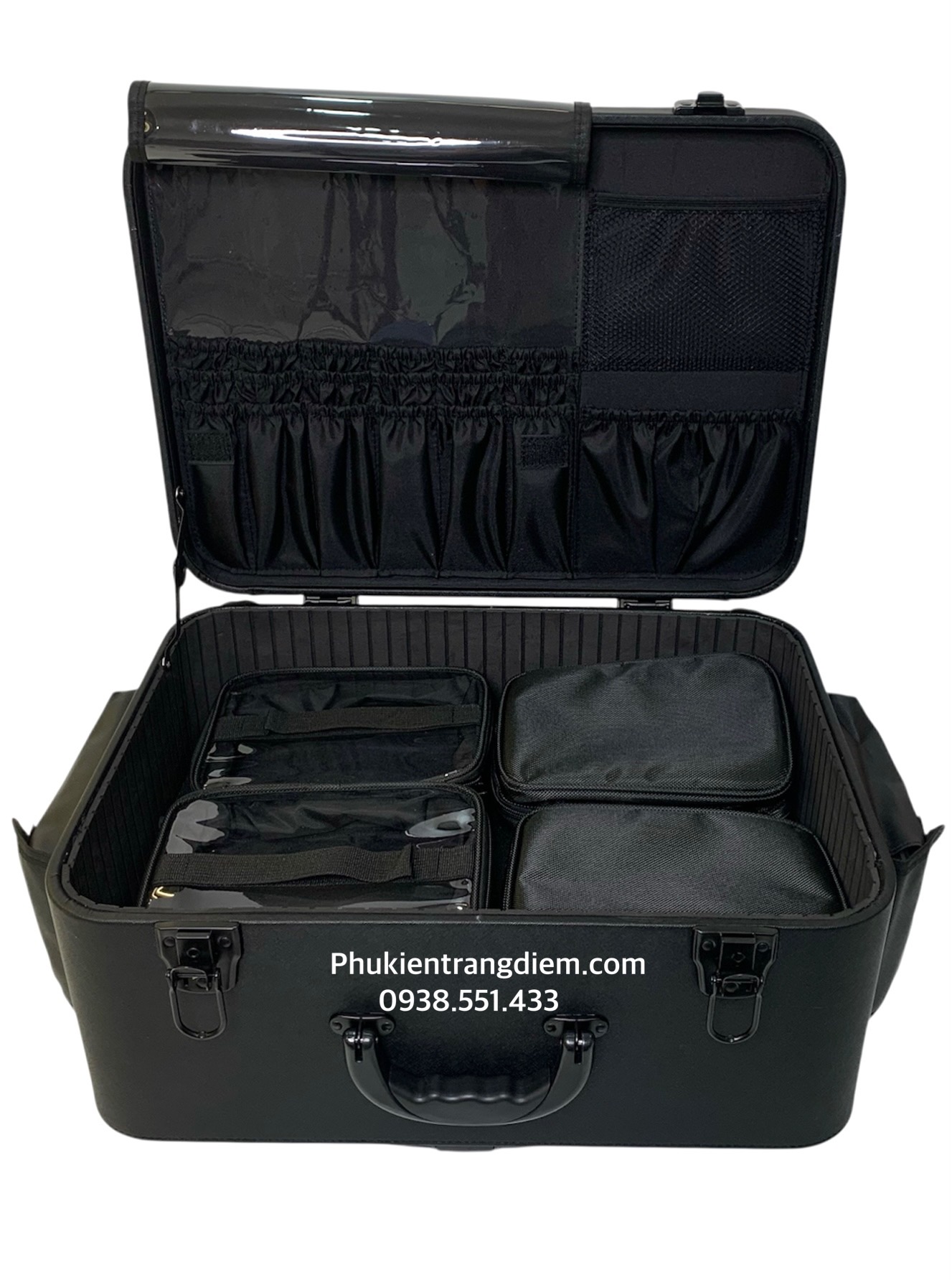 Cốp trang điểm cao cấp bằng da có chôt cài kèm 4 túi trong suốt