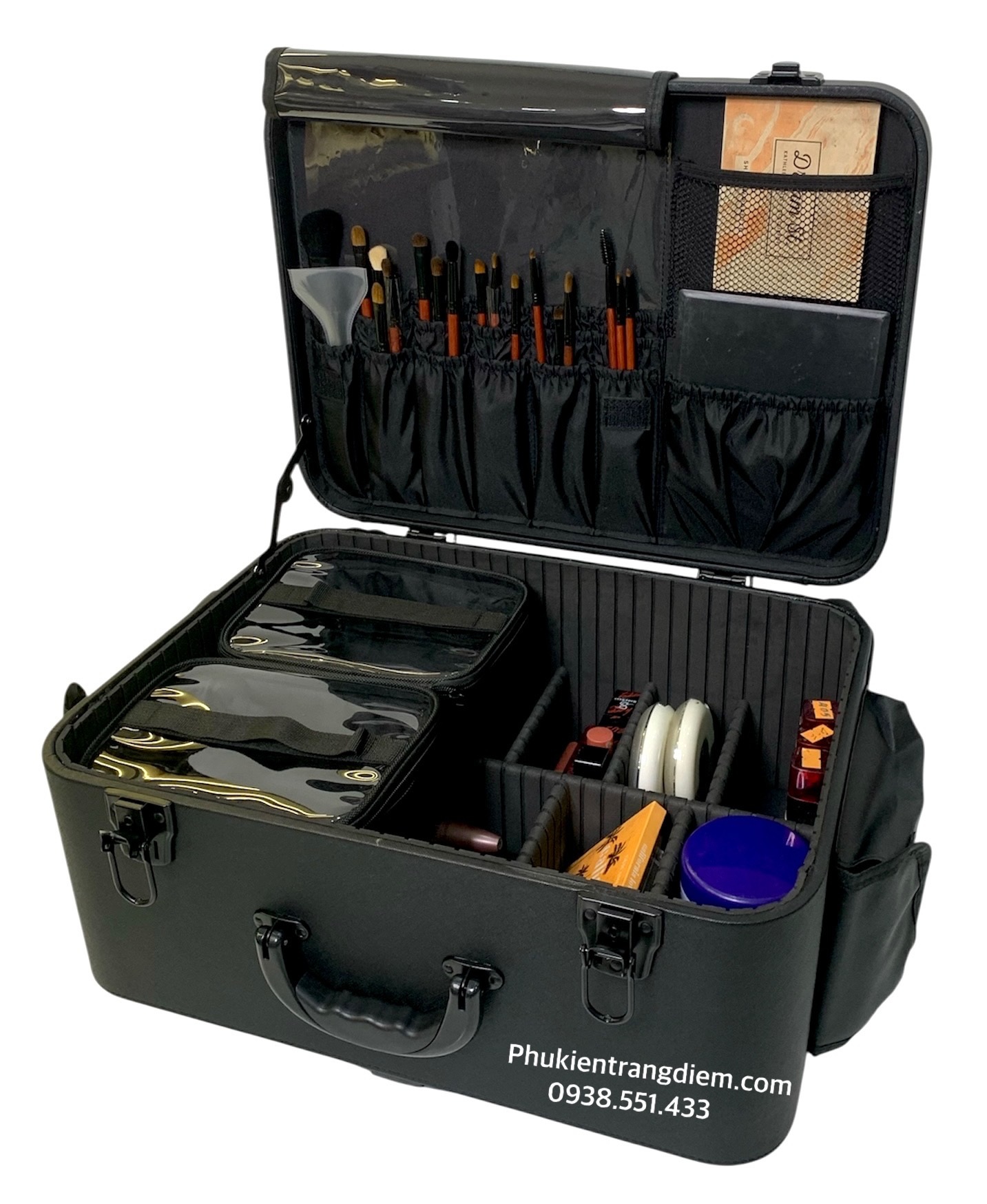cốp đồ makeup kéo bằng da chống nước kèm túi trong suốt có bánh xe cao cấp