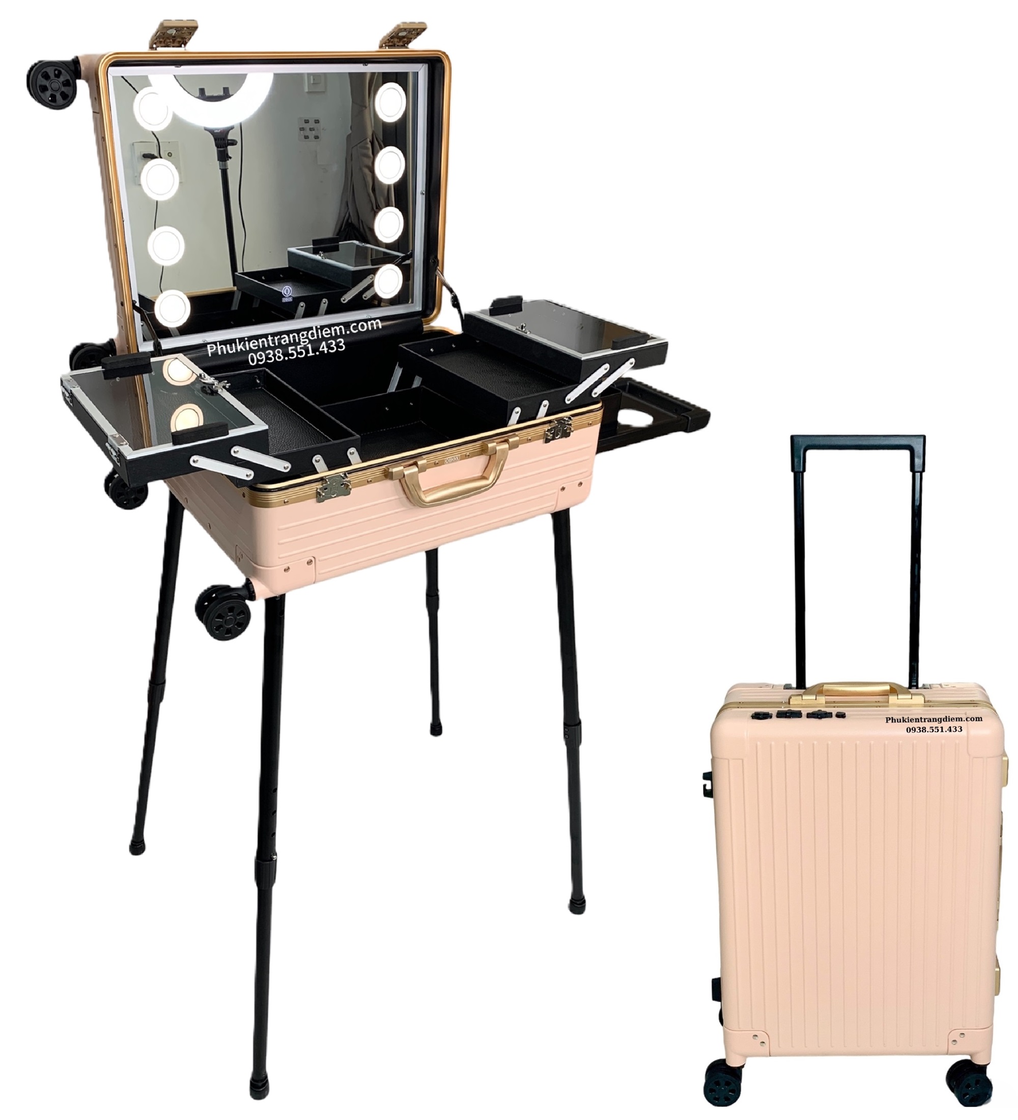 Cốp vali đựng đồ trang điểm chuyên nghiệp màu hồng vỏ nhựa khung nhôm gương đèn led chỉnh màu