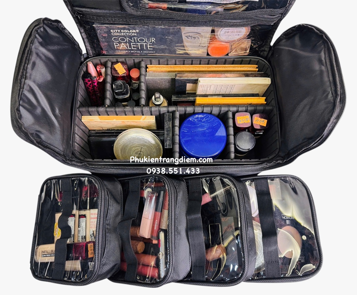 cốp đựng đồ mỹ phẩm trang điểm nhỏ gọn nhiều ngăn có dây đeo kèm túi pvc trong suốt