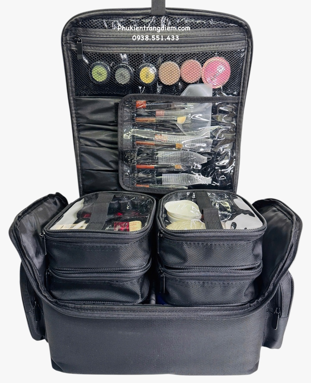 cốp đựng đồ mỹ phẩm trang điểm nhỏ gọn nhiều ngăn có dây đeo kèm túi pvc trong suốt