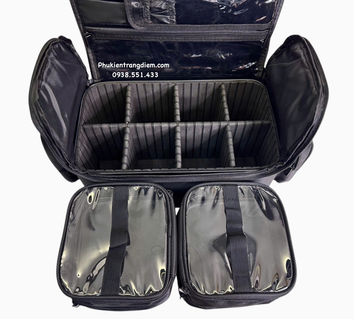 cốp đựng đồ mỹ phẩm trang điểm nhỏ gọn nhiều ngăn có dây đeo kèm túi pvc trong suốt