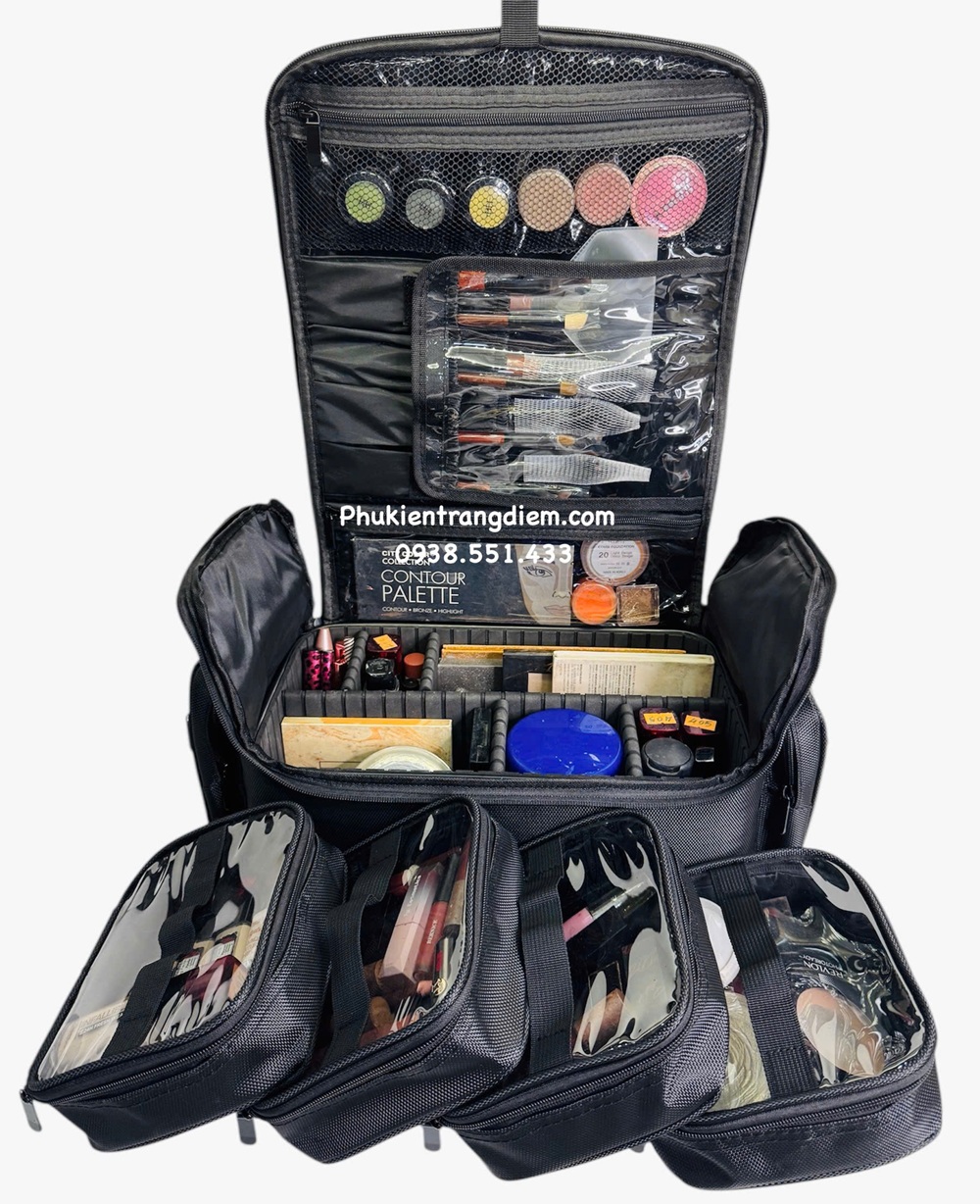 cốp đựng đồ mỹ phẩm trang điểm nhỏ gọn nhiều ngăn có dây đeo kèm túi pvc trong suốt