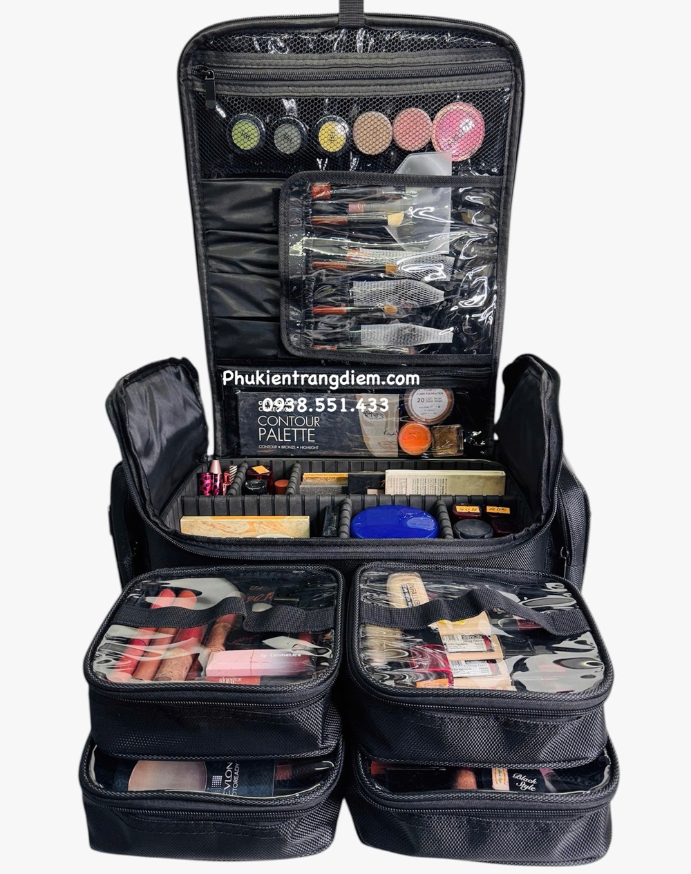 cốp đựng đồ mỹ phẩm trang điểm nhỏ gọn nhiều ngăn có dây đeo kèm túi pvc trong suốt