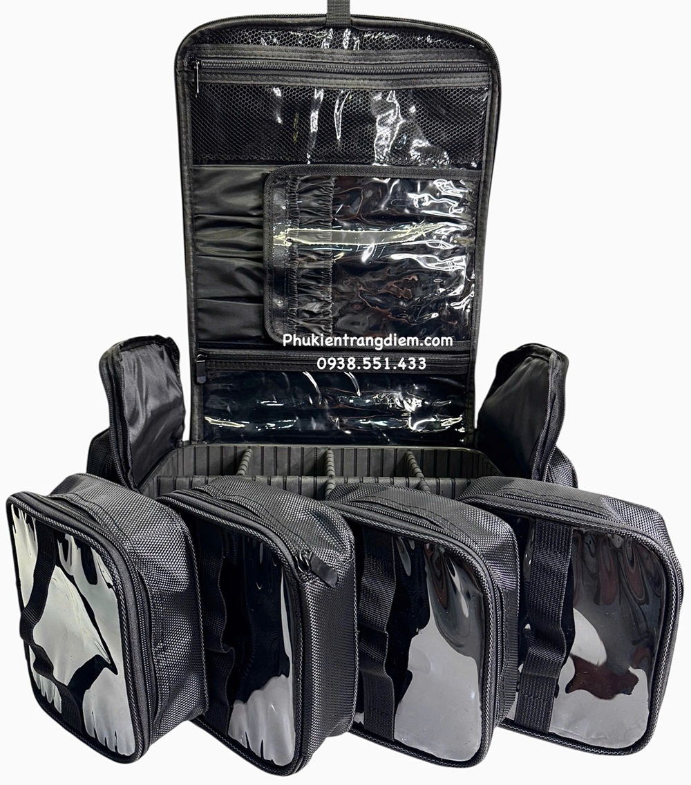 cốp đựng đồ mỹ phẩm trang điểm nhỏ gọn nhiều ngăn có dây đeo kèm túi pvc trong suốt