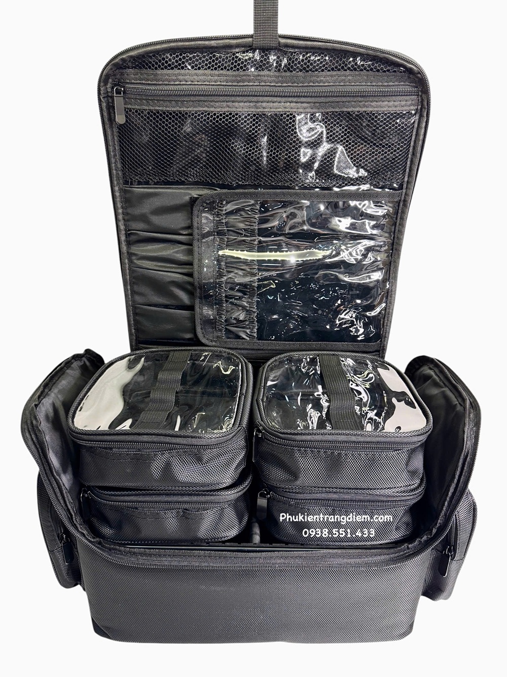 cốp đựng đồ mỹ phẩm trang điểm nhỏ gọn nhiều ngăn có dây đeo kèm túi pvc trong suốt