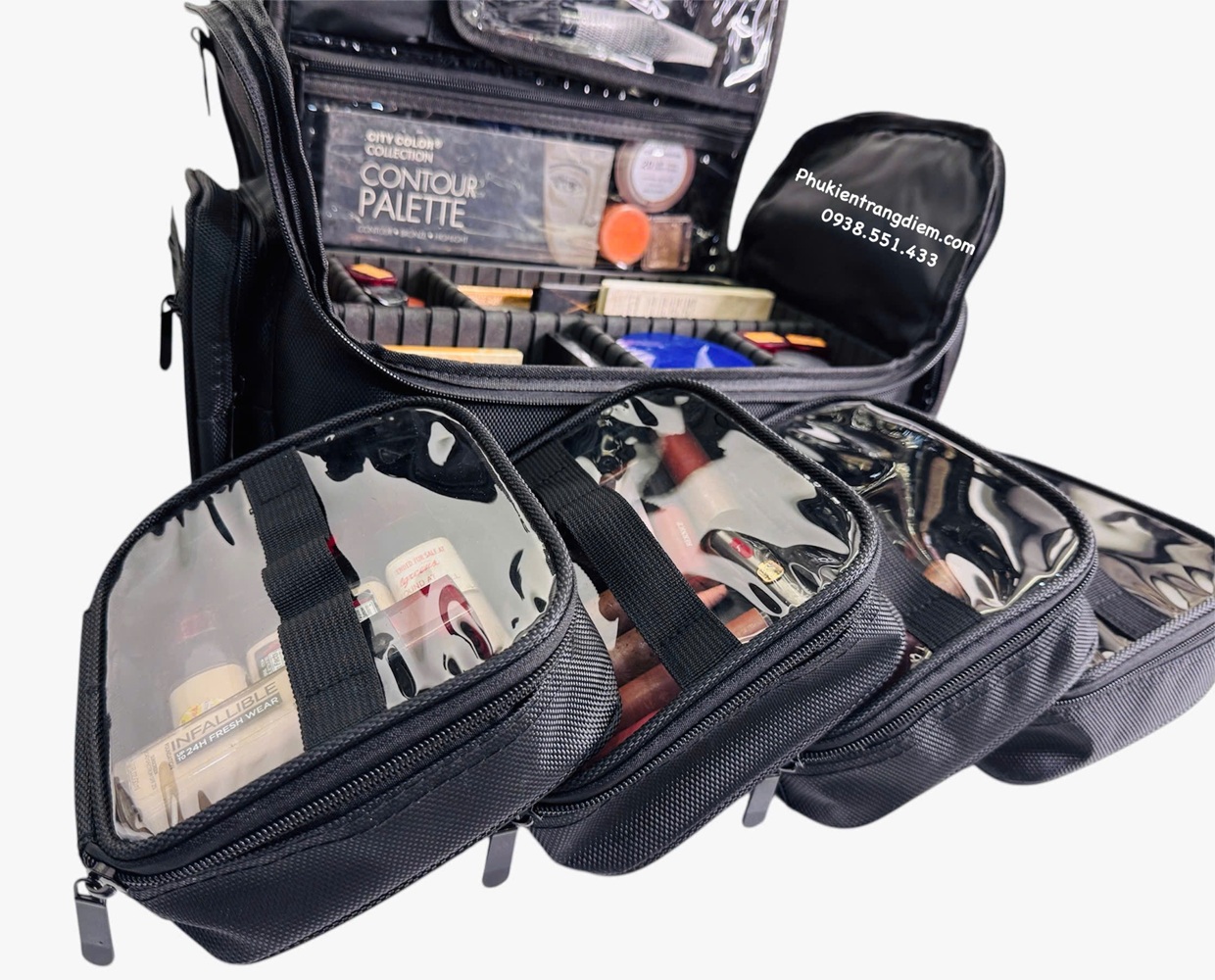 cốp đựng đồ mỹ phẩm trang điểm nhỏ gọn nhiều ngăn có dây đeo kèm túi pvc trong suốt