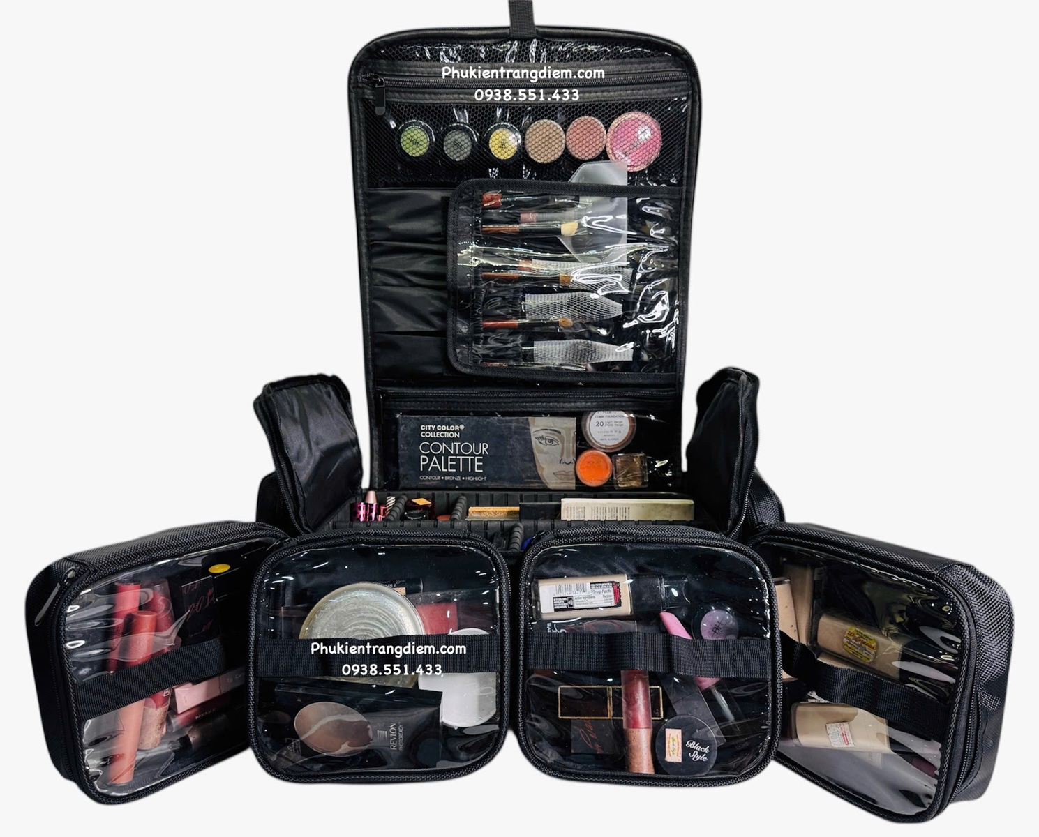 cốp đựng đồ mỹ phẩm trang điểm nhỏ gọn nhiều ngăn có dây đeo kèm túi pvc trong suốt