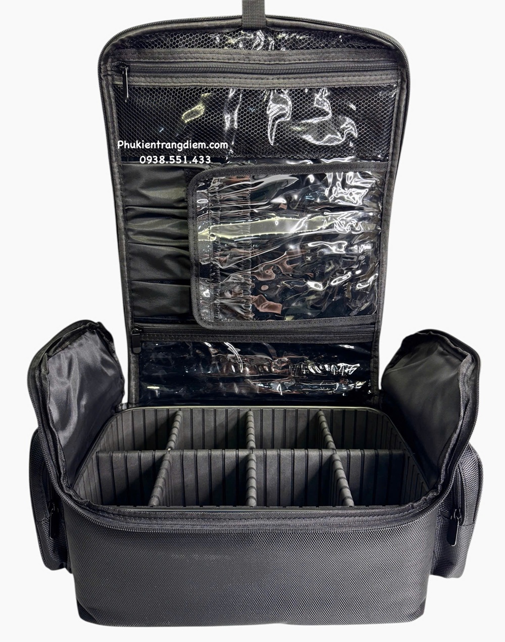 cốp đựng đồ mỹ phẩm trang điểm nhỏ gọn nhiều ngăn có dây đeo kèm túi pvc trong suốt
