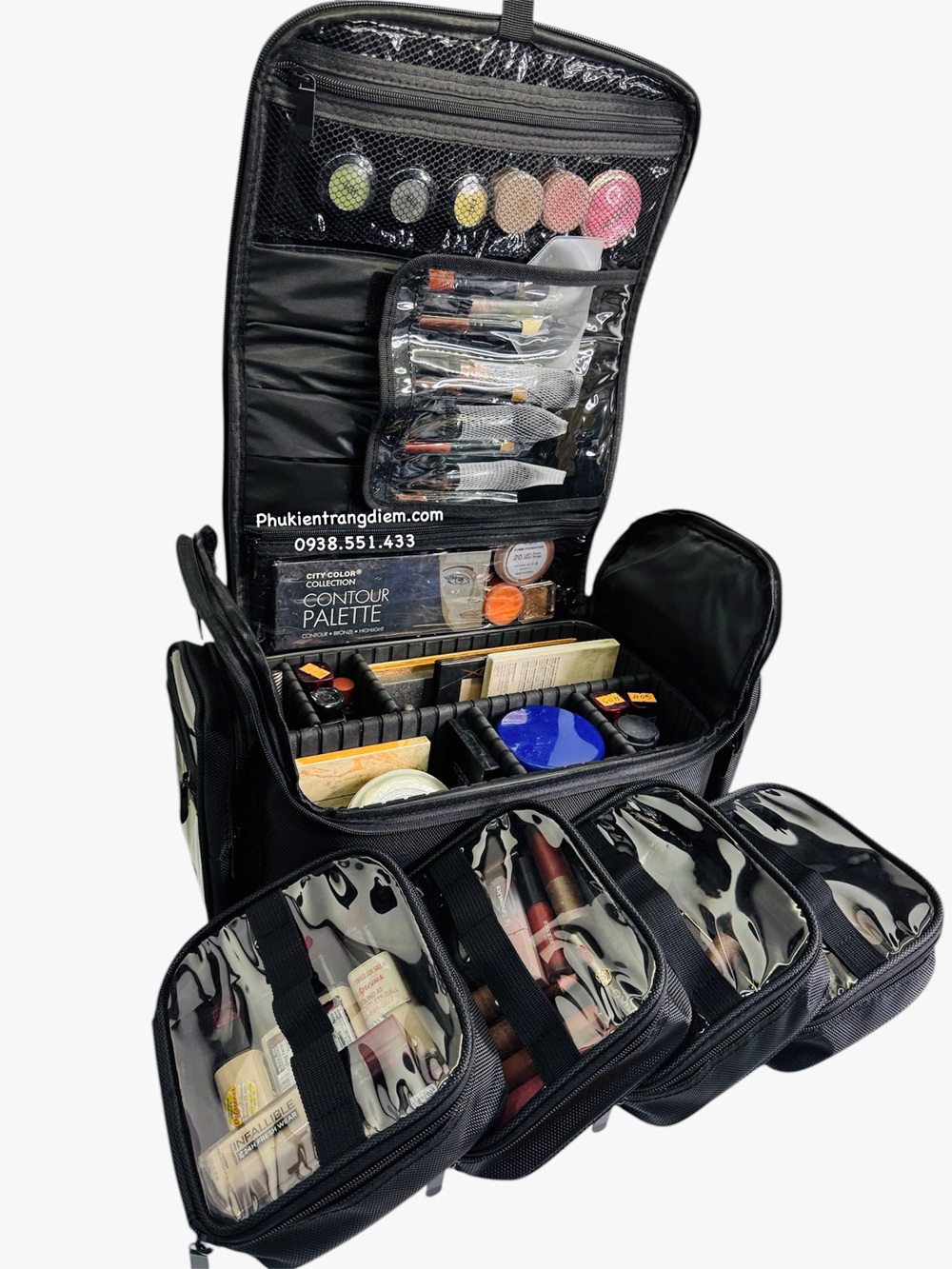 cốp đựng đồ mỹ phẩm trang điểm nhỏ gọn nhiều ngăn có dây đeo kèm túi pvc trong suốt