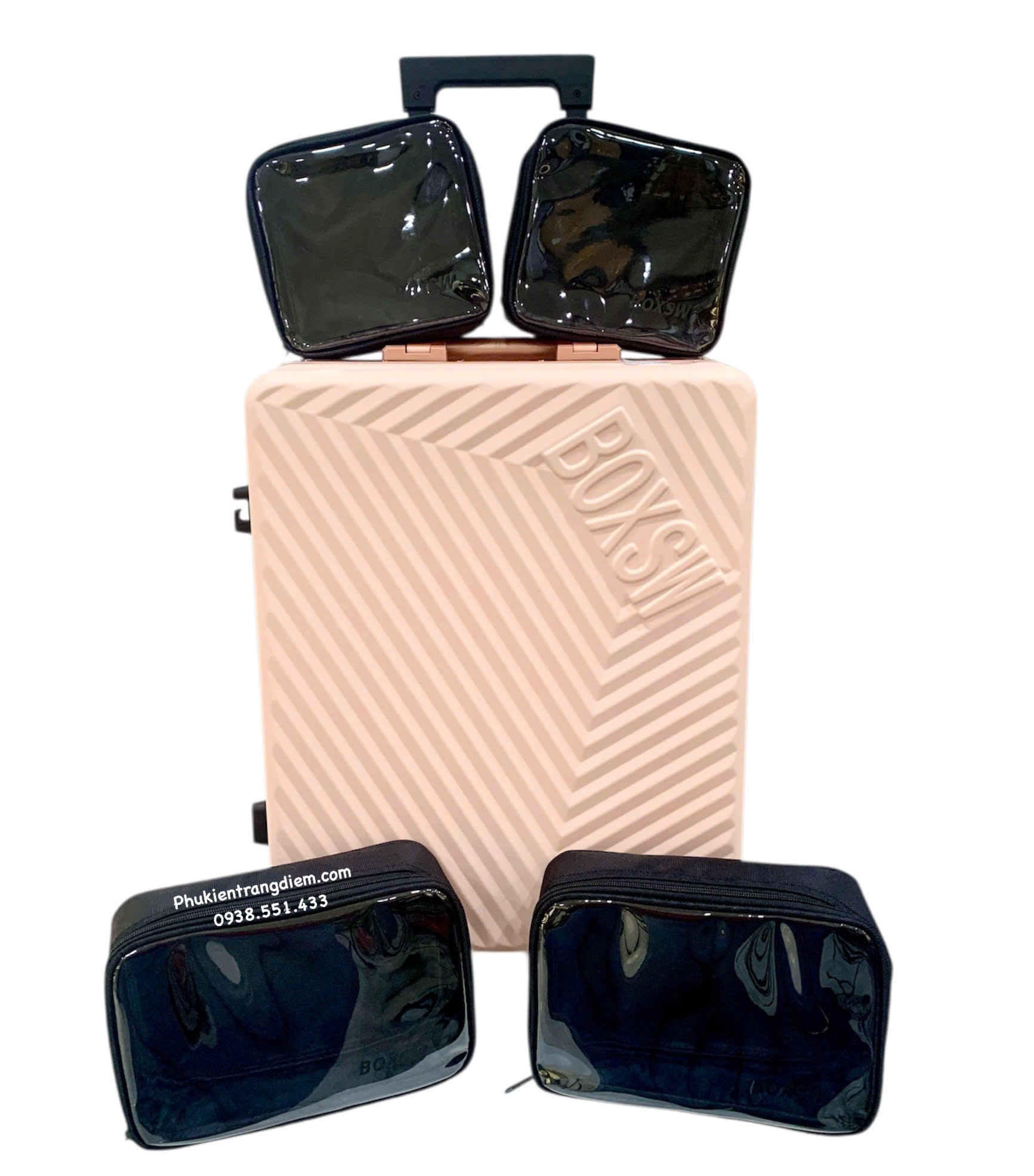 cốp kéo trang điểm dạng vali du lịch BOXSW dùng cho makeup chuyên nghiệp kèm 04 túi nhỏ trong suốt