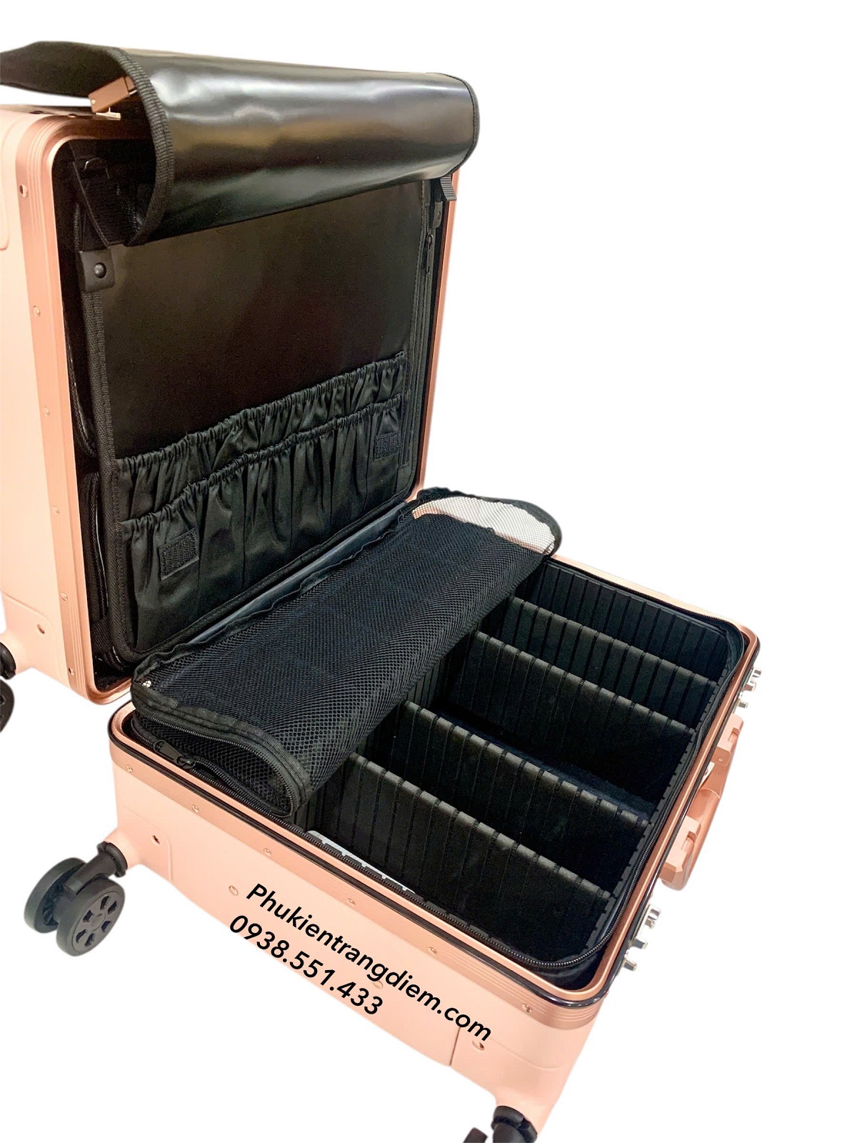 cốp kéo trang điểm dạng vali du lịch BOXSW dùng cho makeup chuyên nghiệp kèm 04 túi nhỏ trong suốt