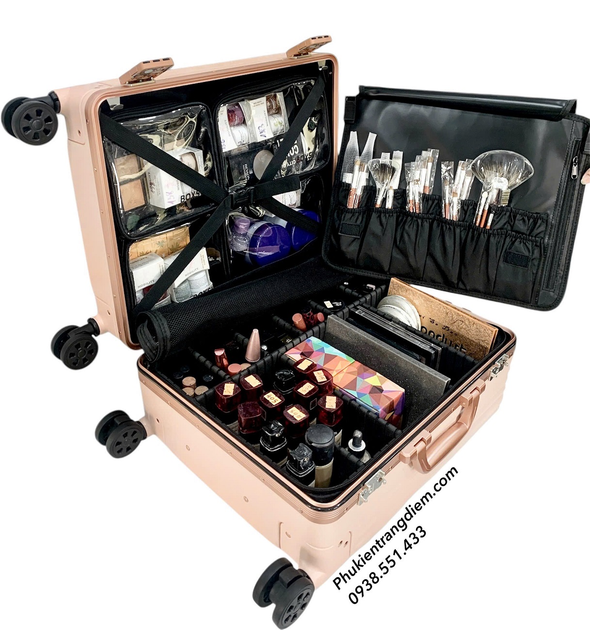 cốp kéo trang điểm dạng vali du lịch BOXSW dùng cho makeup chuyên nghiệp kèm 04 túi nhỏ trong suốt
