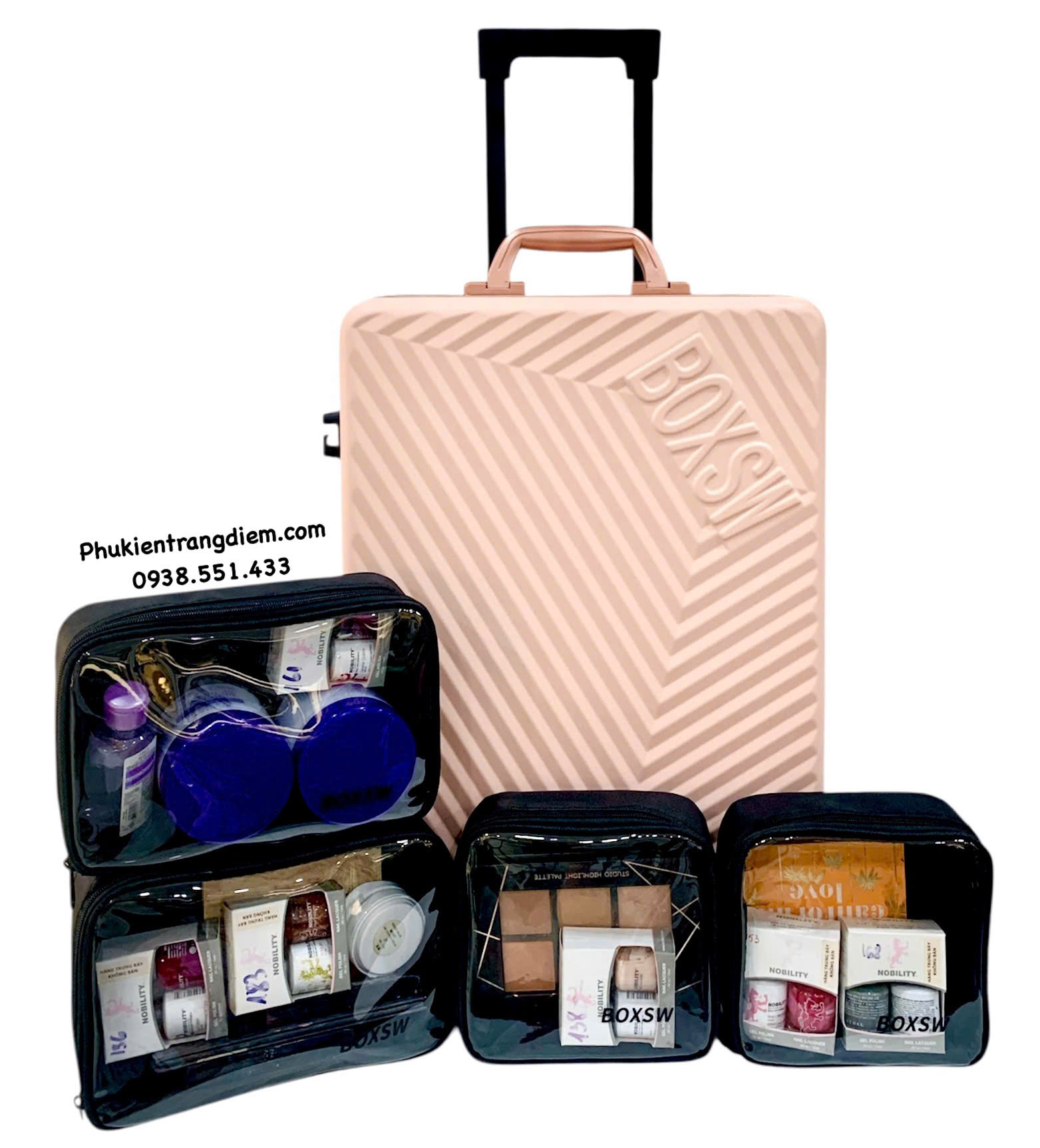 cốp kéo trang điểm dạng vali du lịch BOXSW dùng cho makeup chuyên nghiệp kèm 04 túi nhỏ trong suốt
