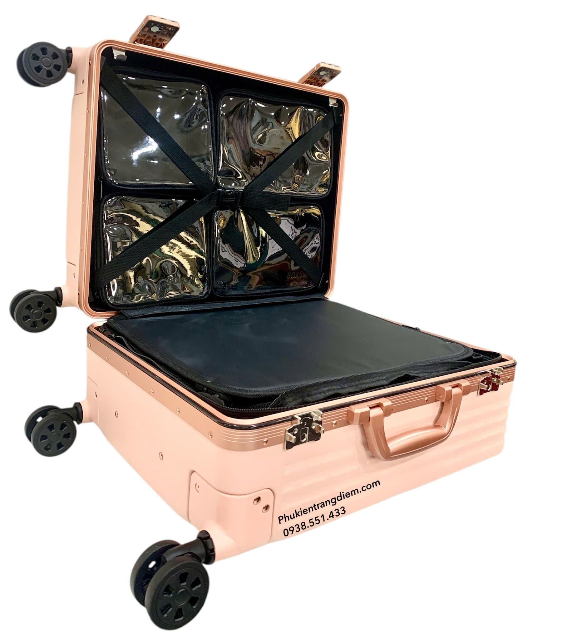 cốp kéo trang điểm dạng vali du lịch BOXSW dùng cho makeup chuyên nghiệp kèm 04 túi nhỏ trong suốt