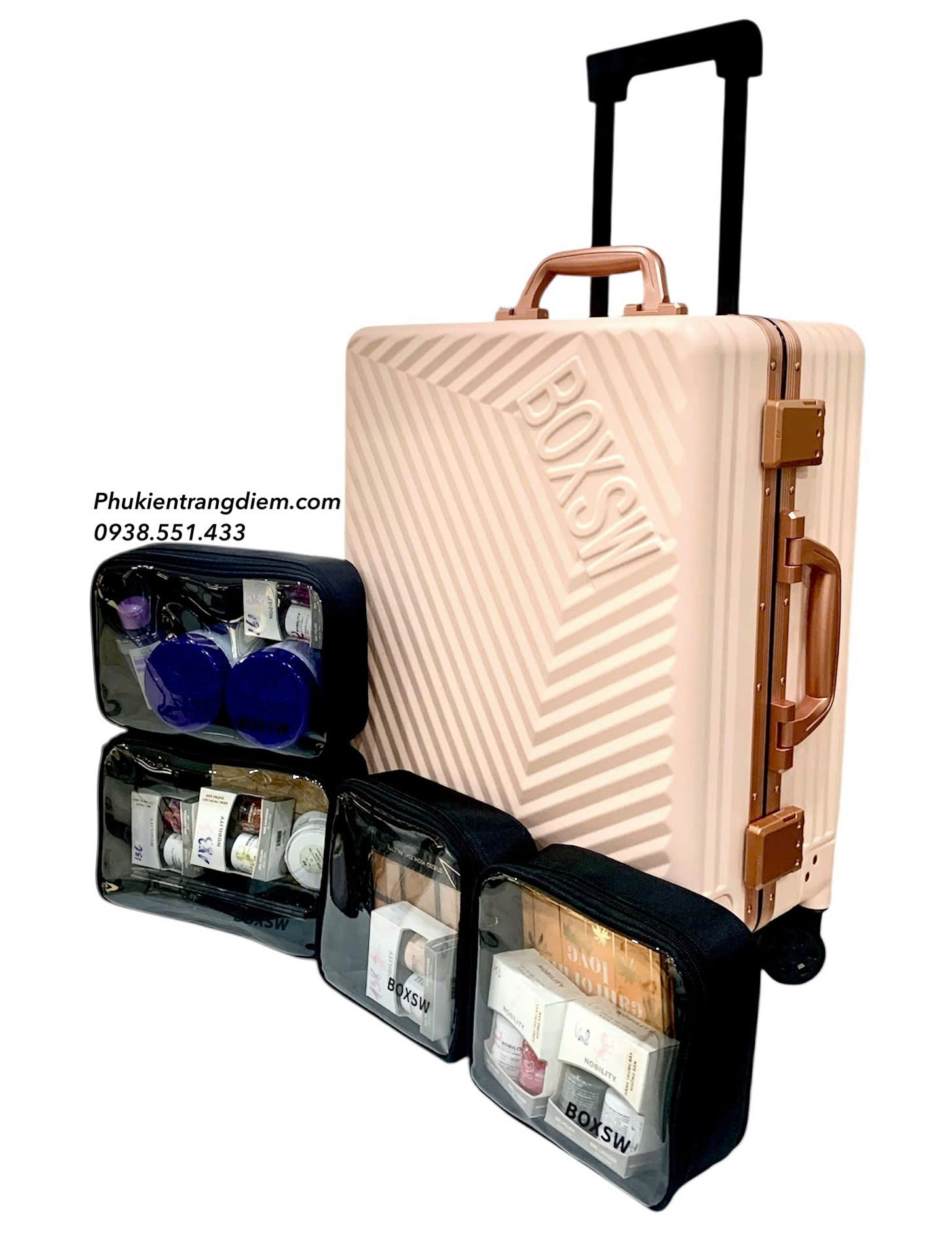 cốp kéo trang điểm dạng vali du lịch BOXSW dùng cho makeup chuyên nghiệp kèm 04 túi nhỏ trong suốt