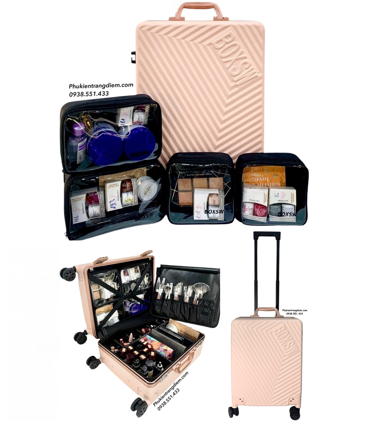 cốp kéo trang điểm dạng vali du lịch BOXSW dùng cho makeup chuyên nghiệp kèm 04 túi nhỏ trong suốt