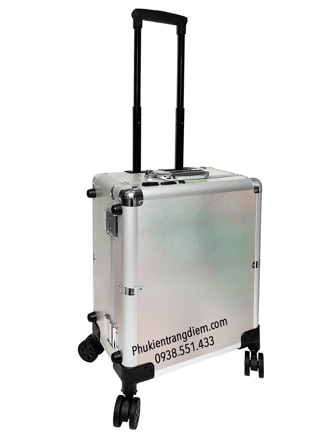 Vali Cốp kéo trang điểm chuyên nghiệp có gương + 8 bóng LED vỏ bạc ánh kim cao cấp