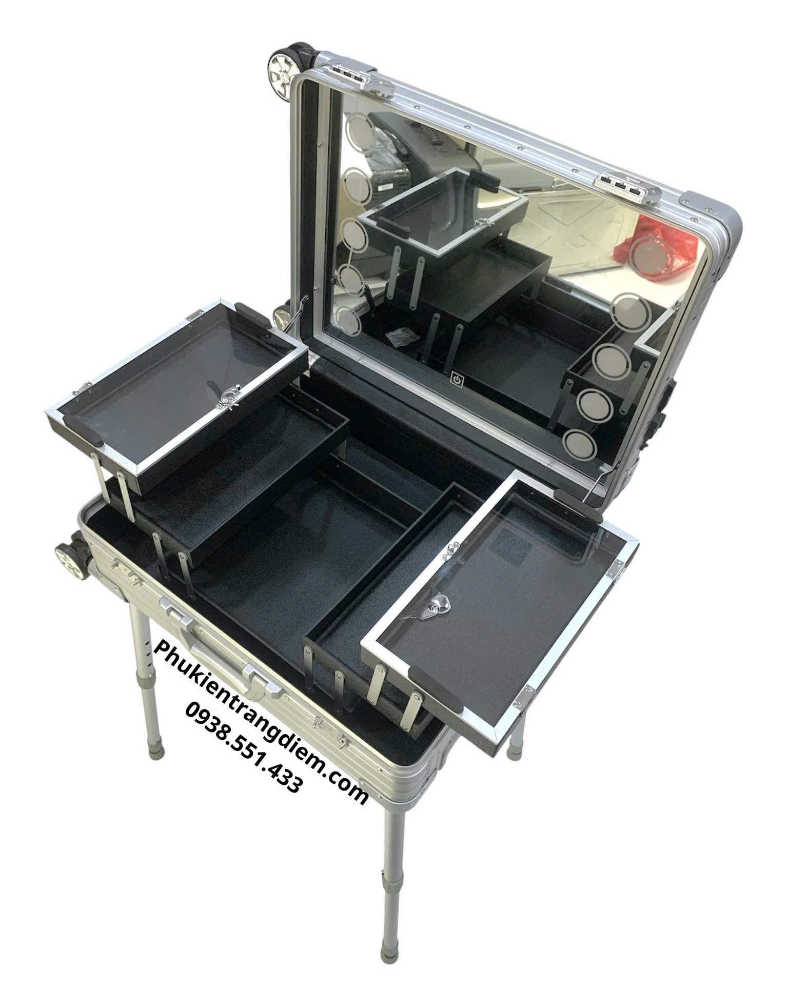 cốp đồ makeup kéo trang điểm chuyên nghiệp có chân chống và gương đèn LED Full Nhôm cao cấp