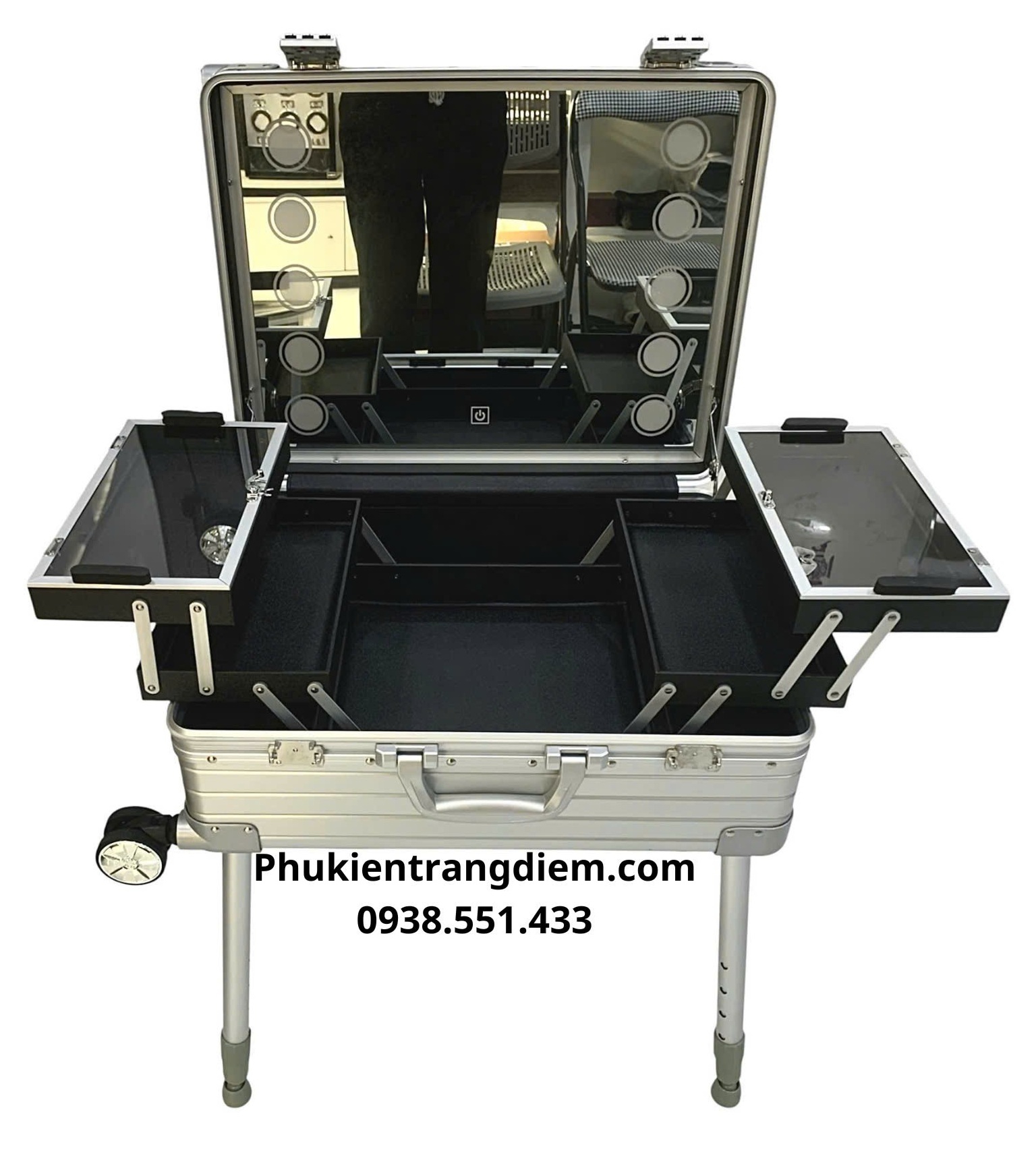 cốp đồ makeup kéo trang điểm chuyên nghiệp có chân chống và gương đèn LED Full Nhôm cao cấp