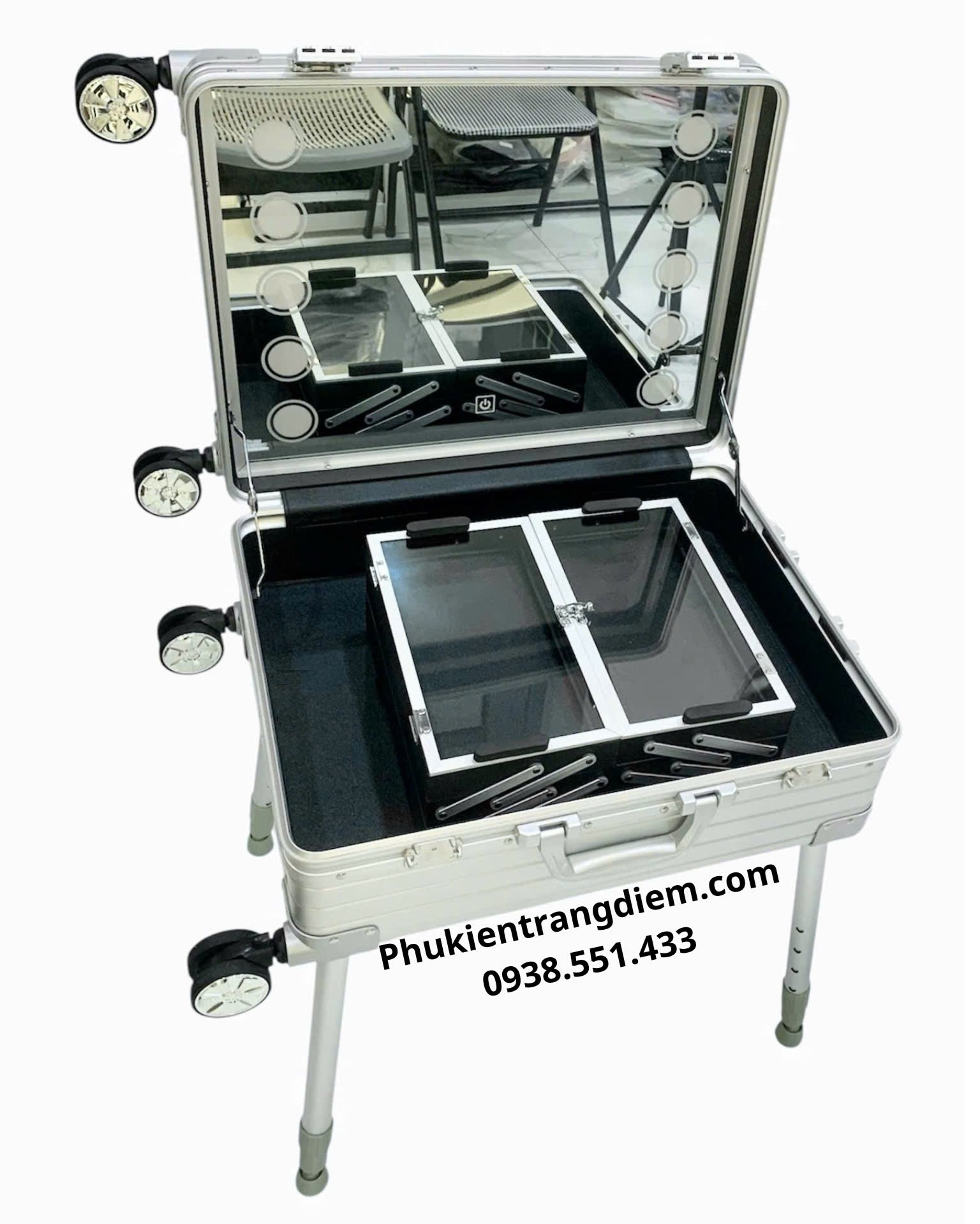 cốp đồ makeup kéo trang điểm chuyên nghiệp có chân chống và gương đèn LED Full Nhôm cao cấp