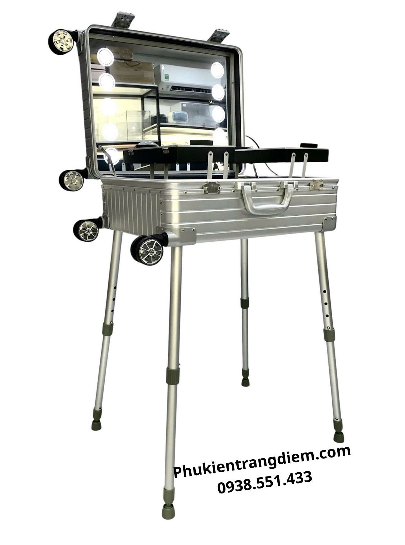 cốp đồ makeup kéo trang điểm chuyên nghiệp có chân chống và gương đèn LED Full Nhôm cao cấp