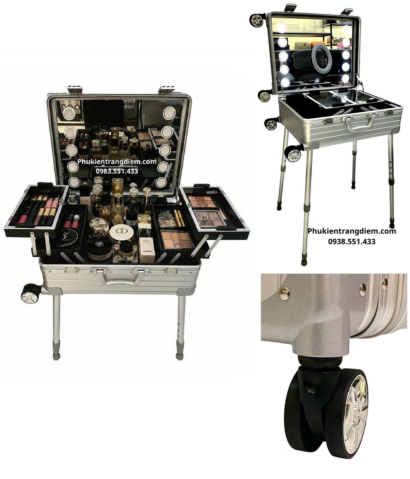 cốp đồ makeup kéo trang điểm chuyên nghiệp có chân chống và gương đèn LED Full Nhôm cao cấp