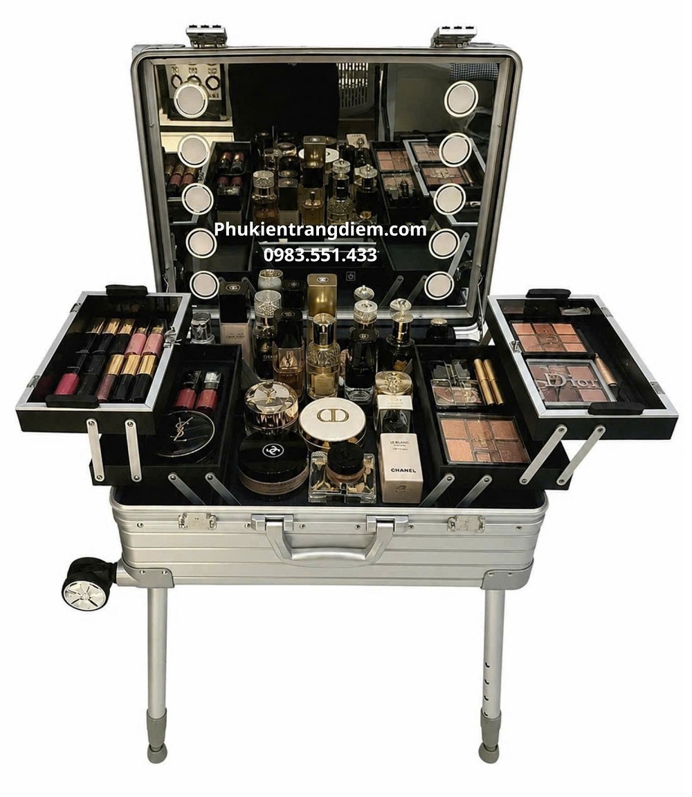 cốp đồ makeup kéo trang điểm chuyên nghiệp có chân chống và gương đèn LED Full Nhôm cao cấp