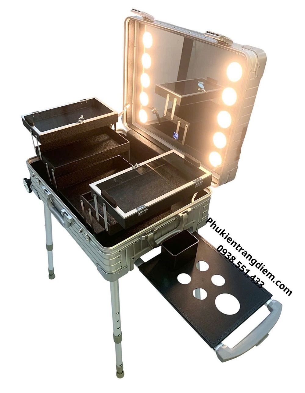 cốp đồ makeup kéo trang điểm chuyên nghiệp có chân chống và gương đèn LED Full Nhôm cao cấp