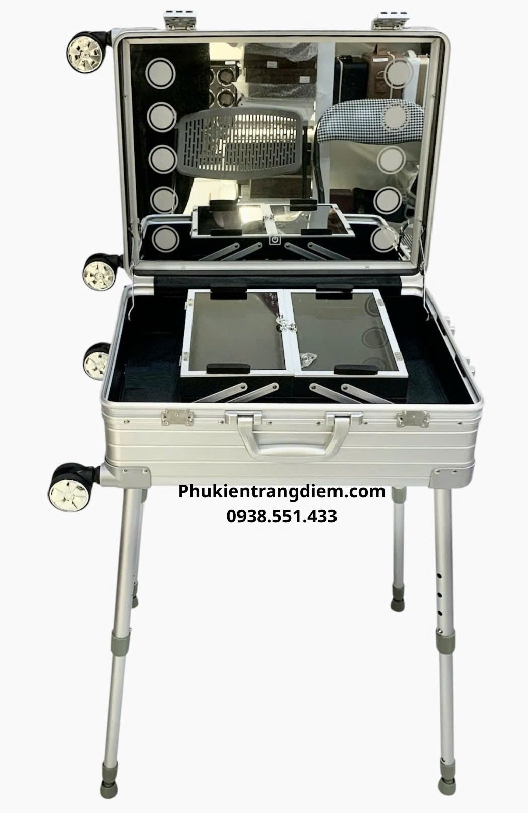 cốp đồ makeup kéo trang điểm chuyên nghiệp có chân chống và gương đèn LED Full Nhôm cao cấp
