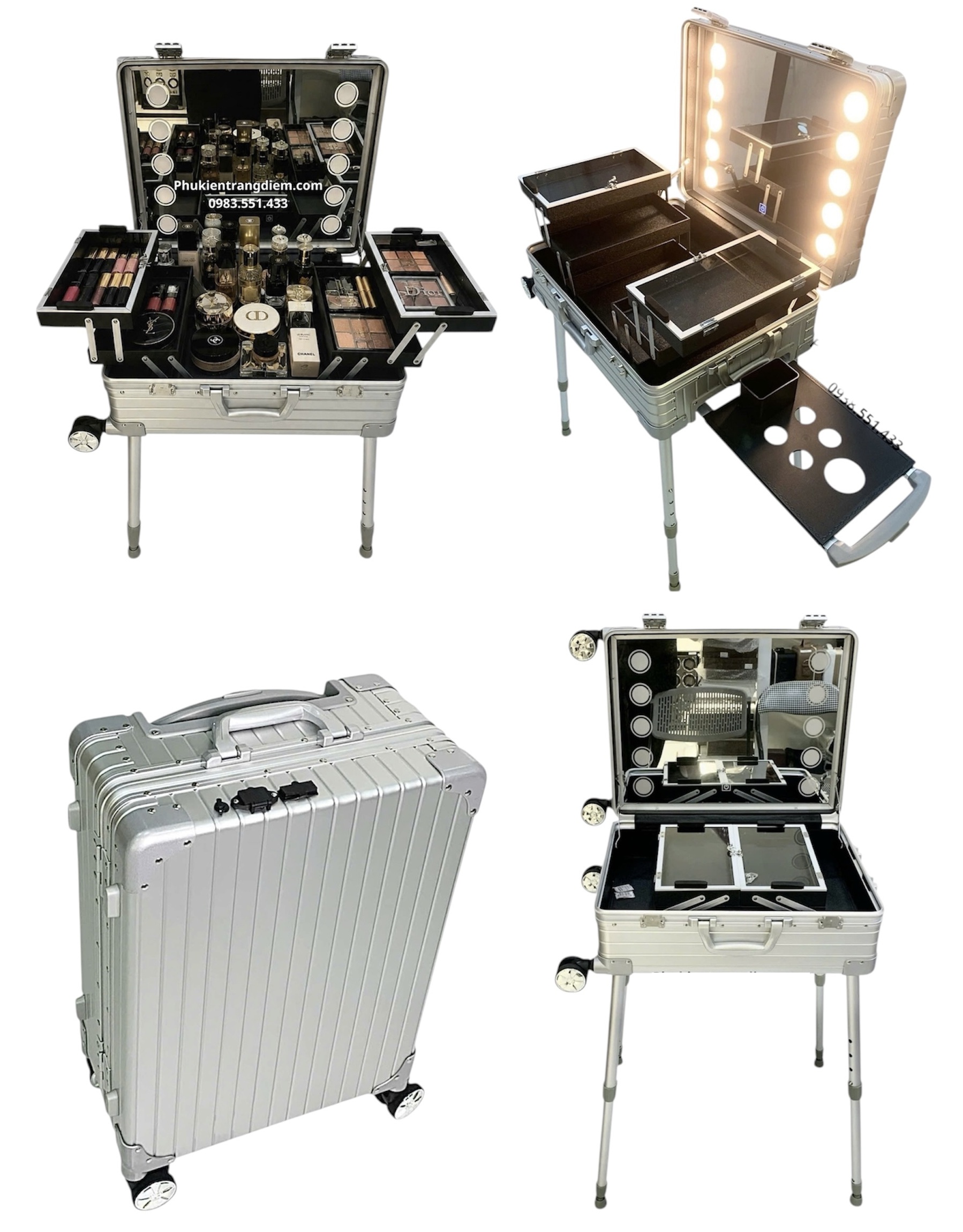 cốp đồ makeup kéo trang điểm chuyên nghiệp có chân chống và gương đèn LED Full Nhôm cao cấp