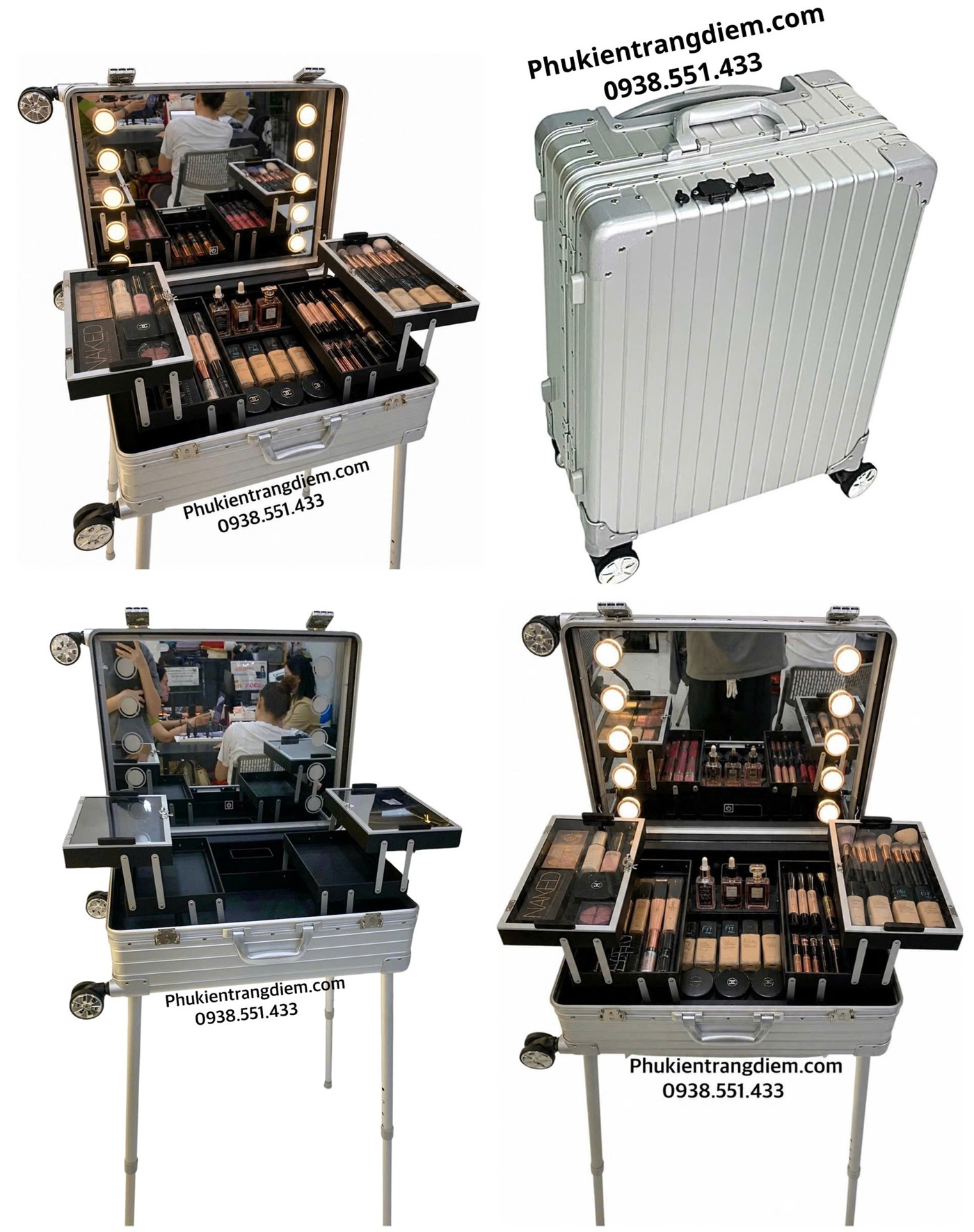 cốp makeup k&eacute;o đựng đồ trang điểm d&agrave;nh cho thợ chuy&ecirc;n nghiệp chất liệu full nh&ocirc;m c&oacute; gương đ&egrave;n LED 10 b&oacute;ng cao cấp