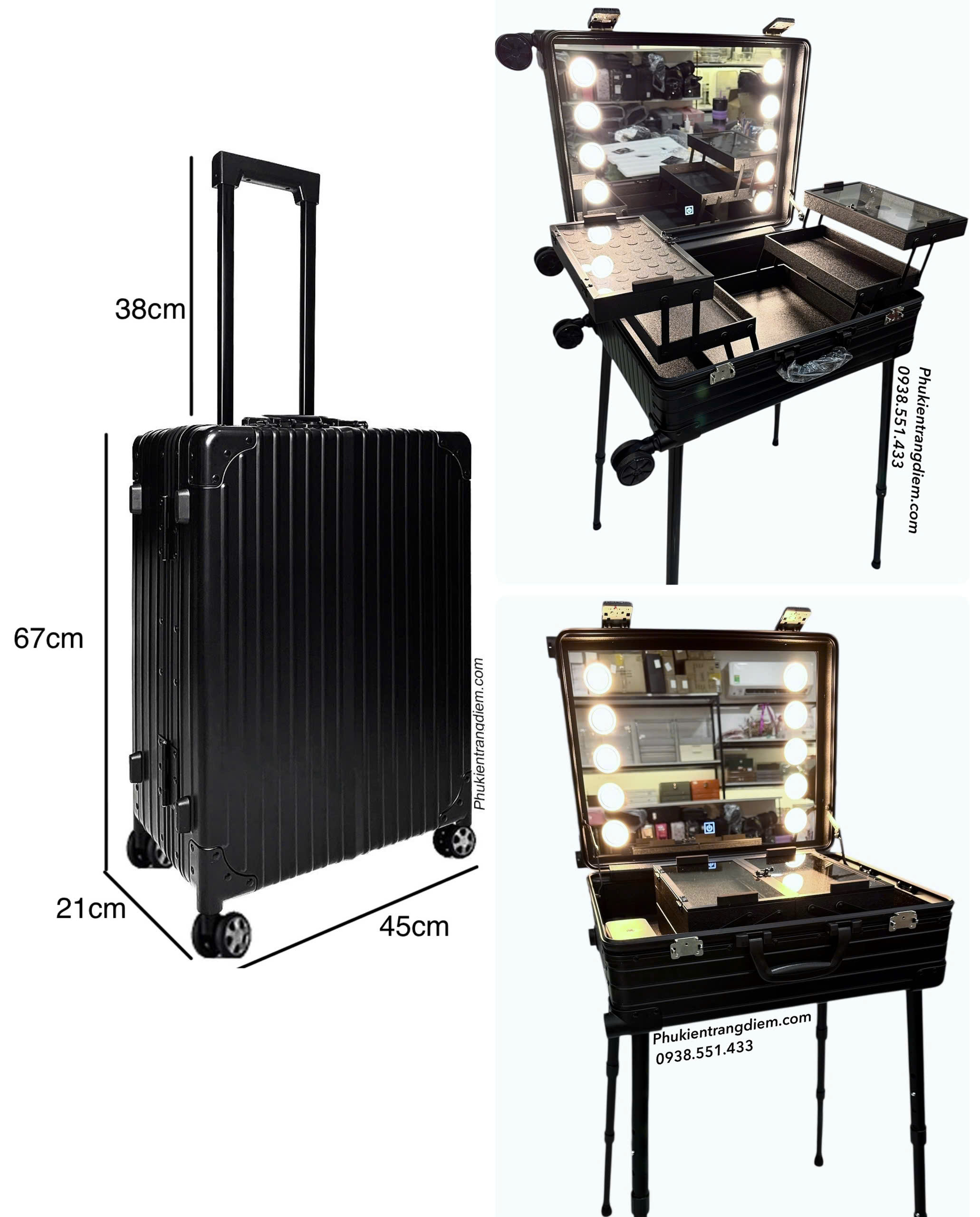 th&ugrave;ng cốp đựng trang điểm tạo th&agrave;nh b&agrave;n make up mini c&oacute; gương đ&egrave;n v&agrave; ch&acirc;n