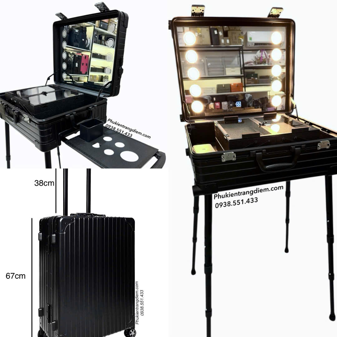 th&ugrave;ng cốp đựng trang điểm tạo th&agrave;nh b&agrave;n make up mini c&oacute; gương đ&egrave;n v&agrave; ch&acirc;n