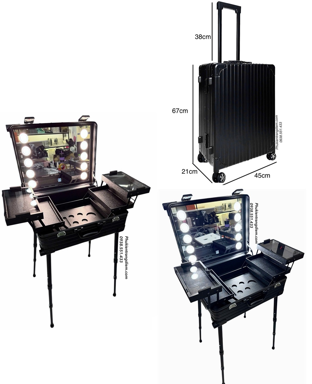 th&ugrave;ng cốp đựng trang điểm tạo th&agrave;nh b&agrave;n make up mini c&oacute; gương đ&egrave;n v&agrave; ch&acirc;n