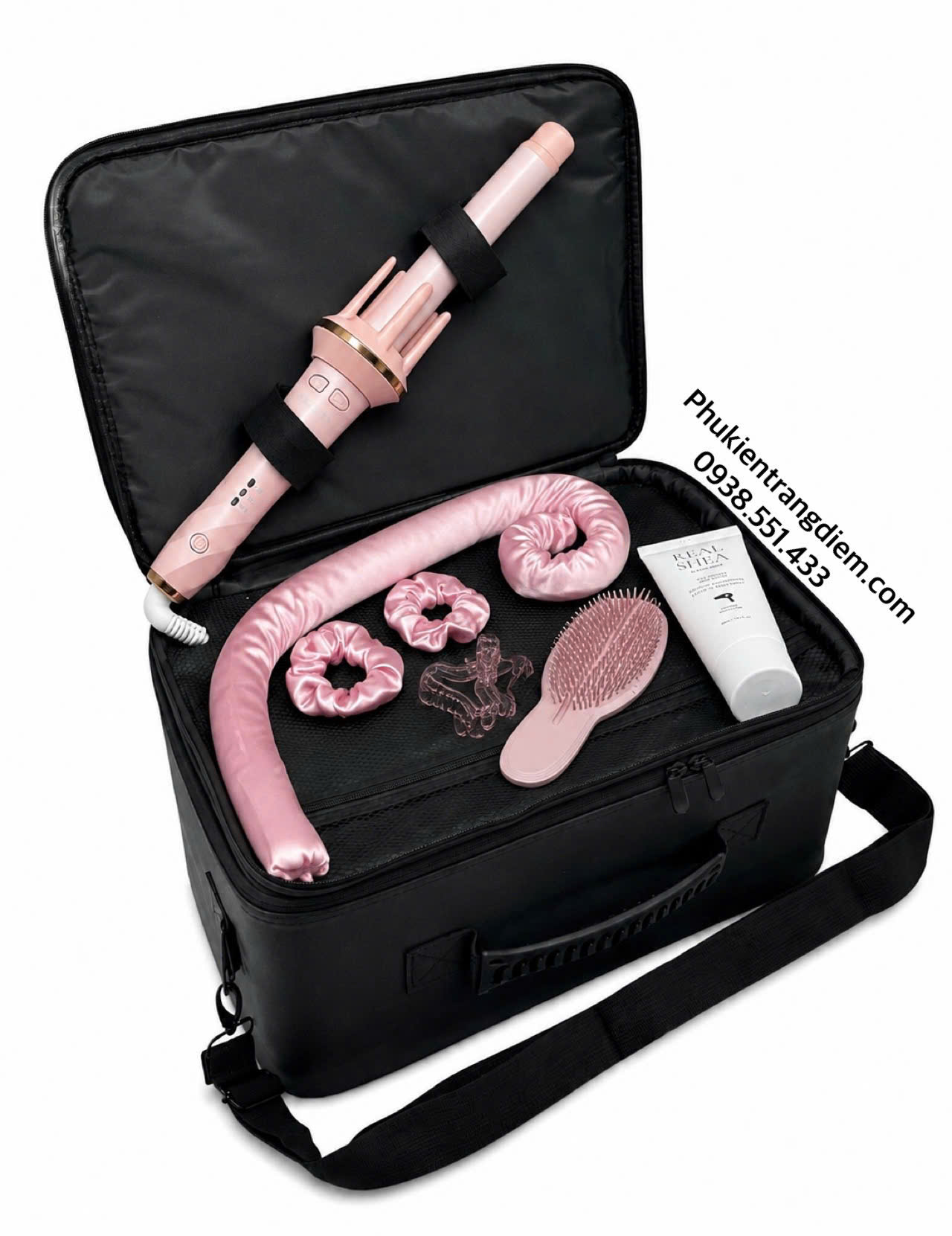 cốp makeup boxsw bằng da chuyên nghiệp kèm 3 túi trong suốt có dây đeo cao cấp