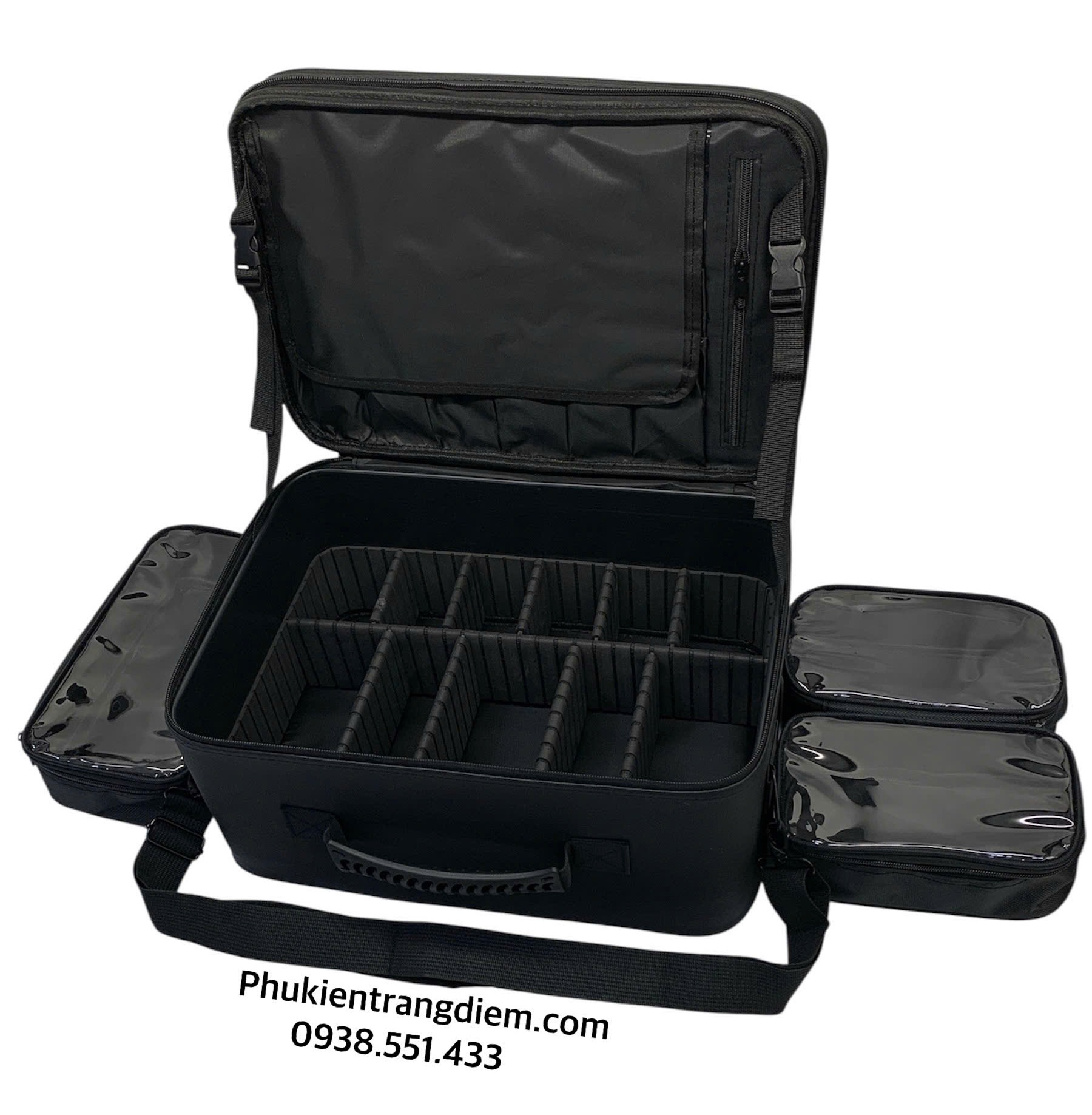 cốp makeup boxsw bằng da chuyên nghiệp kèm 3 túi trong suốt có dây đeo cao cấp