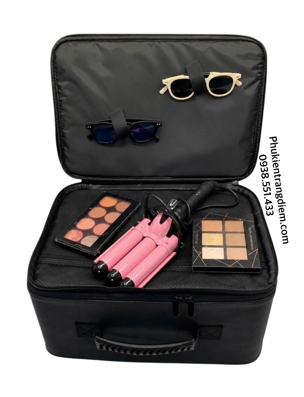 cốp makeup boxsw bằng da chuyên nghiệp kèm 3 túi trong suốt có dây đeo cao cấp