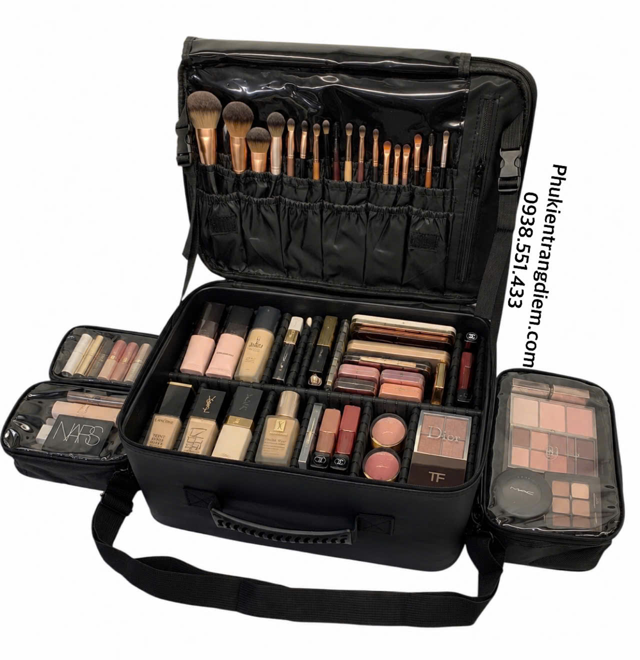 cốp makeup boxsw bằng da chuyên nghiệp kèm 3 túi trong suốt có dây đeo cao cấp