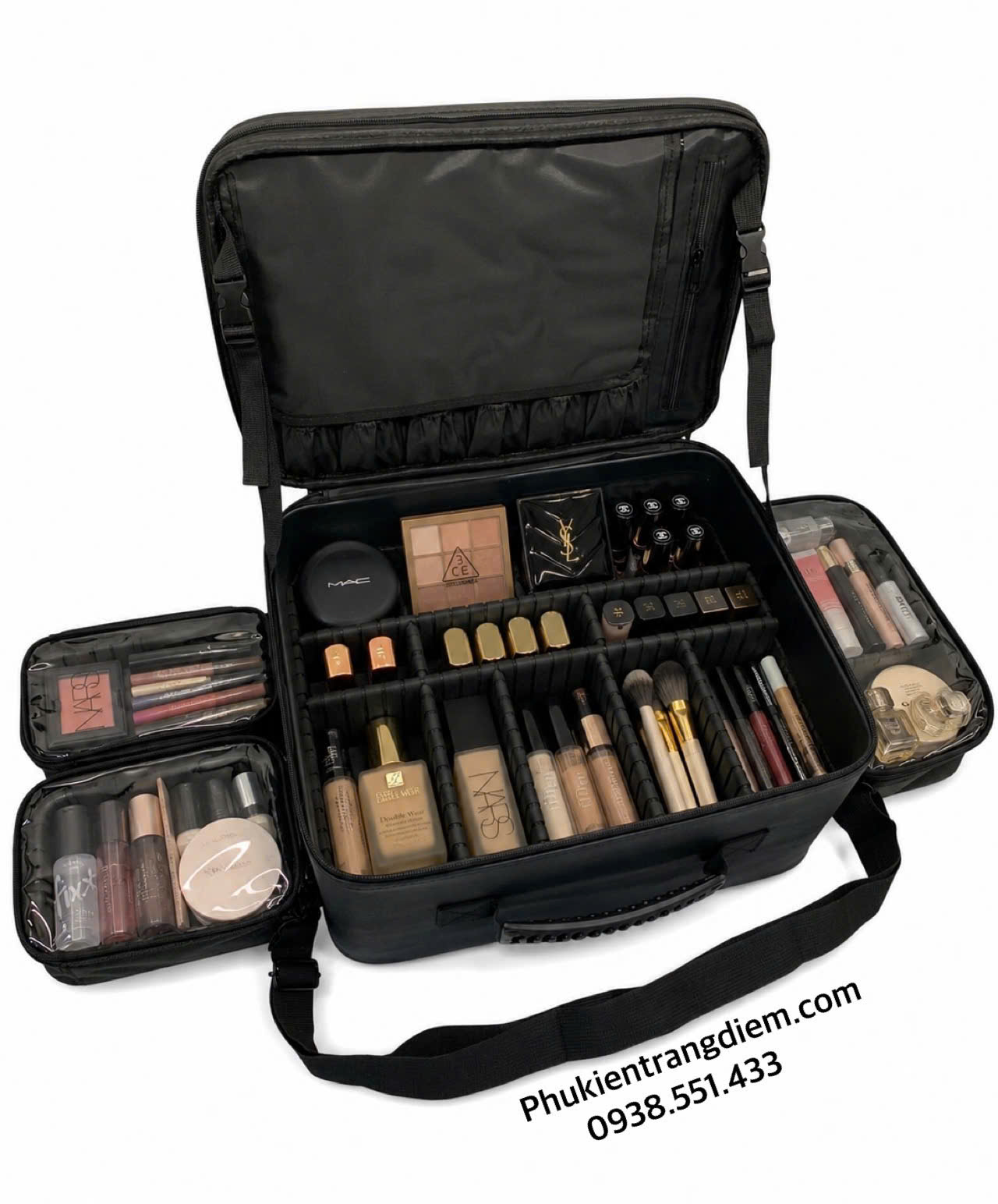 cốp makeup boxsw bằng da chuyên nghiệp kèm 3 túi trong suốt có dây đeo cao cấp