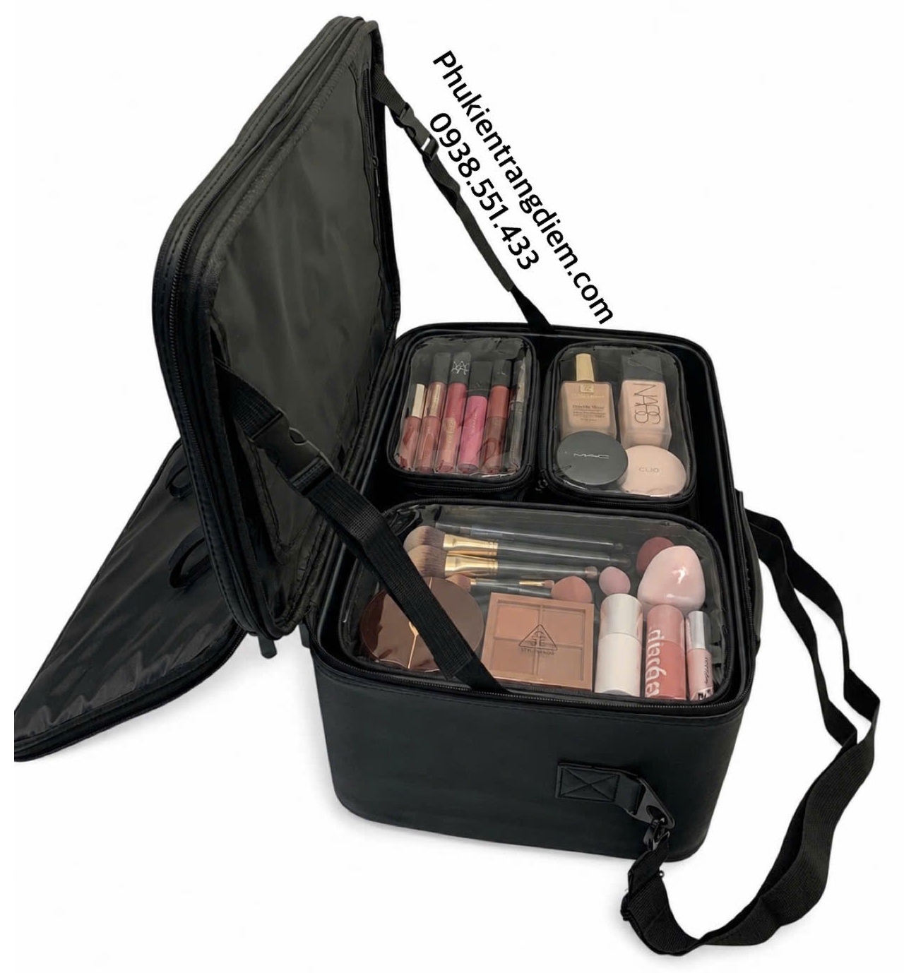 cốp makeup boxsw bằng da chuyên nghiệp kèm 3 túi trong suốt có dây đeo cao cấp