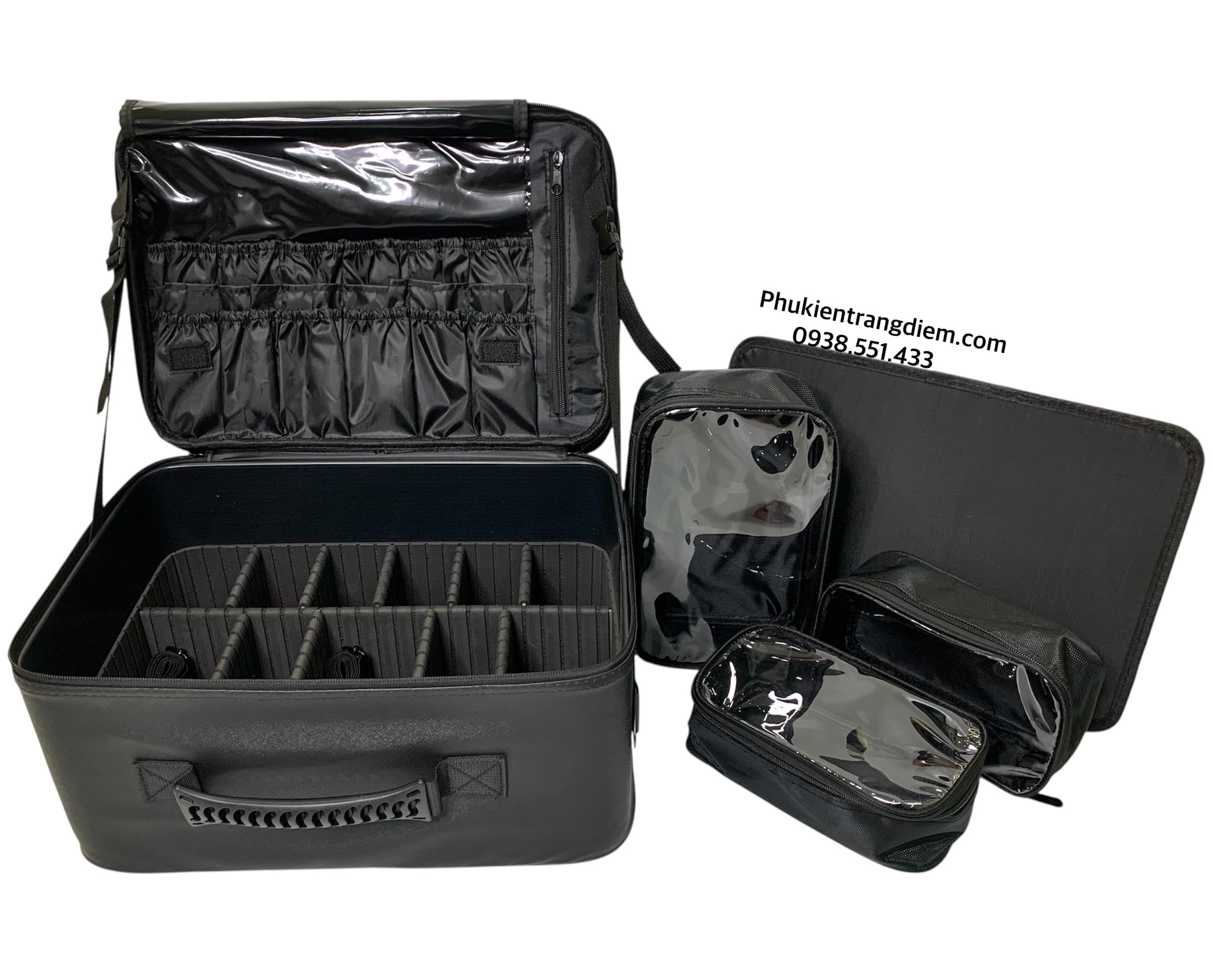 cốp makeup boxsw bằng da chuyên nghiệp kèm 3 túi trong suốt có dây đeo cao cấp