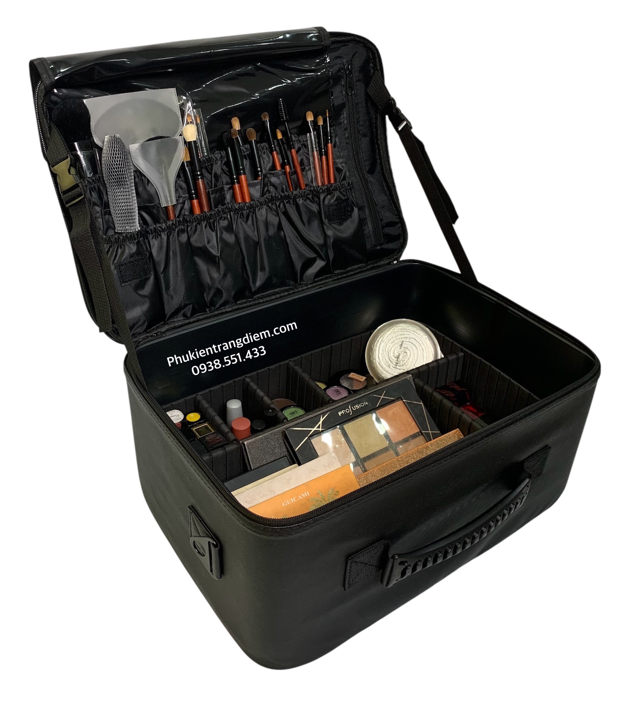 cốp makeup boxsw bằng da chuyên nghiệp kèm 3 túi trong suốt có dây đeo cao cấp