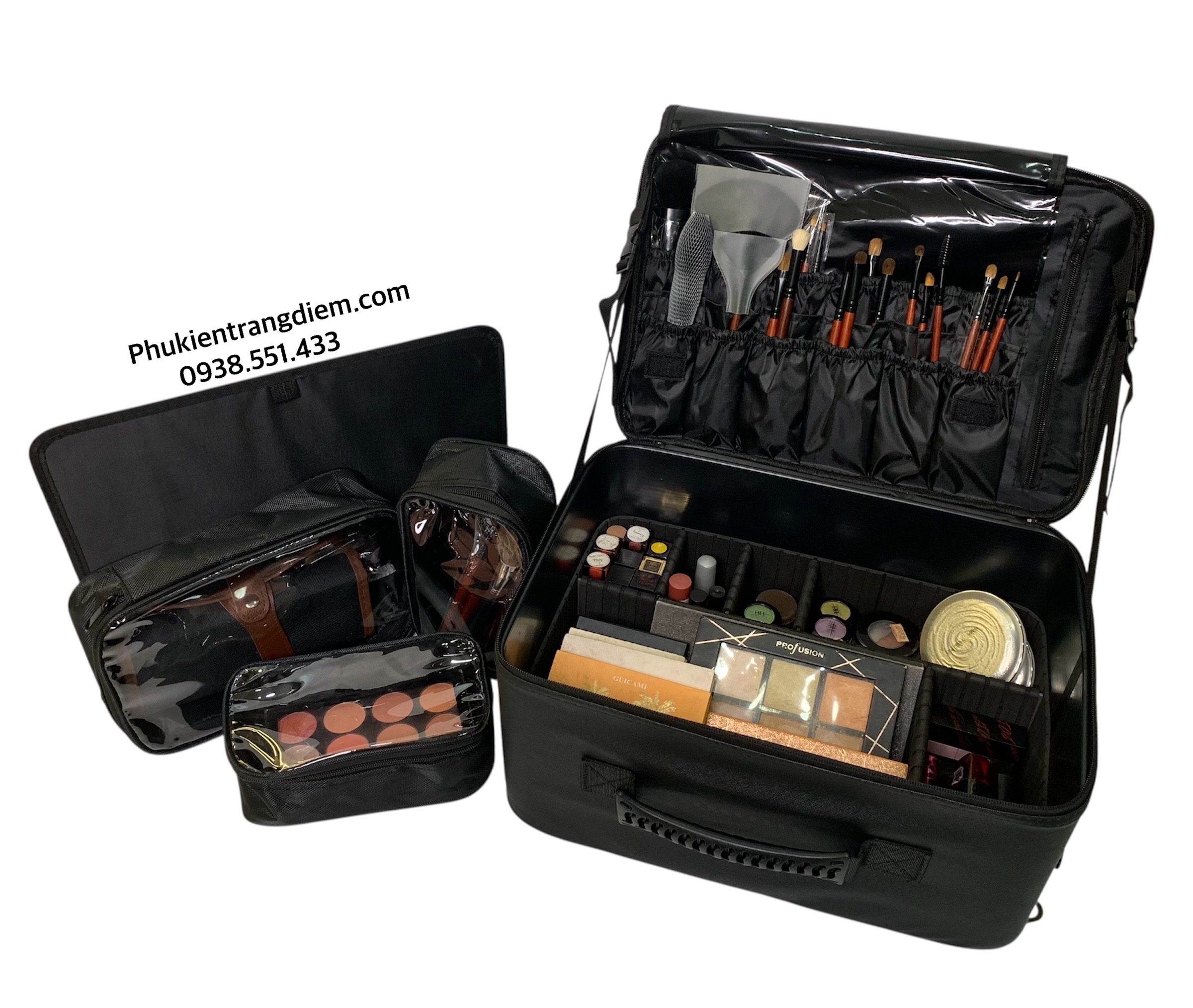 cốp makeup boxsw bằng da chuyên nghiệp kèm 3 túi trong suốt có dây đeo cao cấp