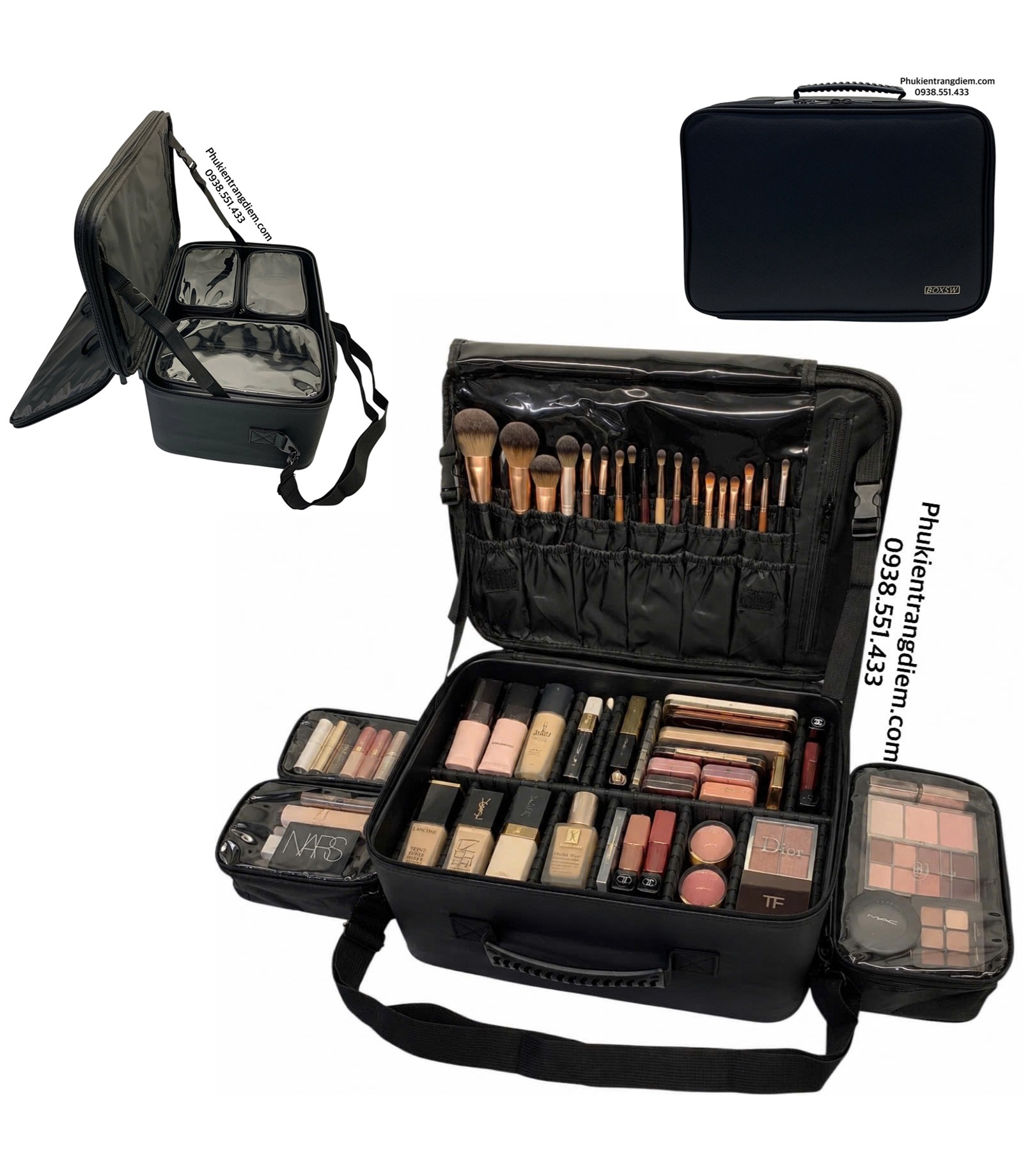 cốp makeup boxsw bằng da chuyên nghiệp kèm 3 túi trong suốt có dây đeo cao cấp