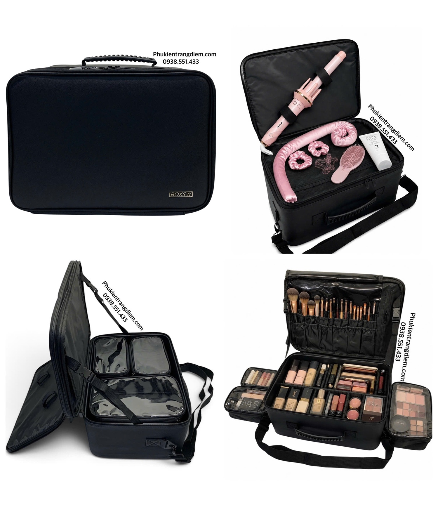 cốp makeup boxsw bằng da chuyên nghiệp kèm 3 túi trong suốt có dây đeo cao cấp
