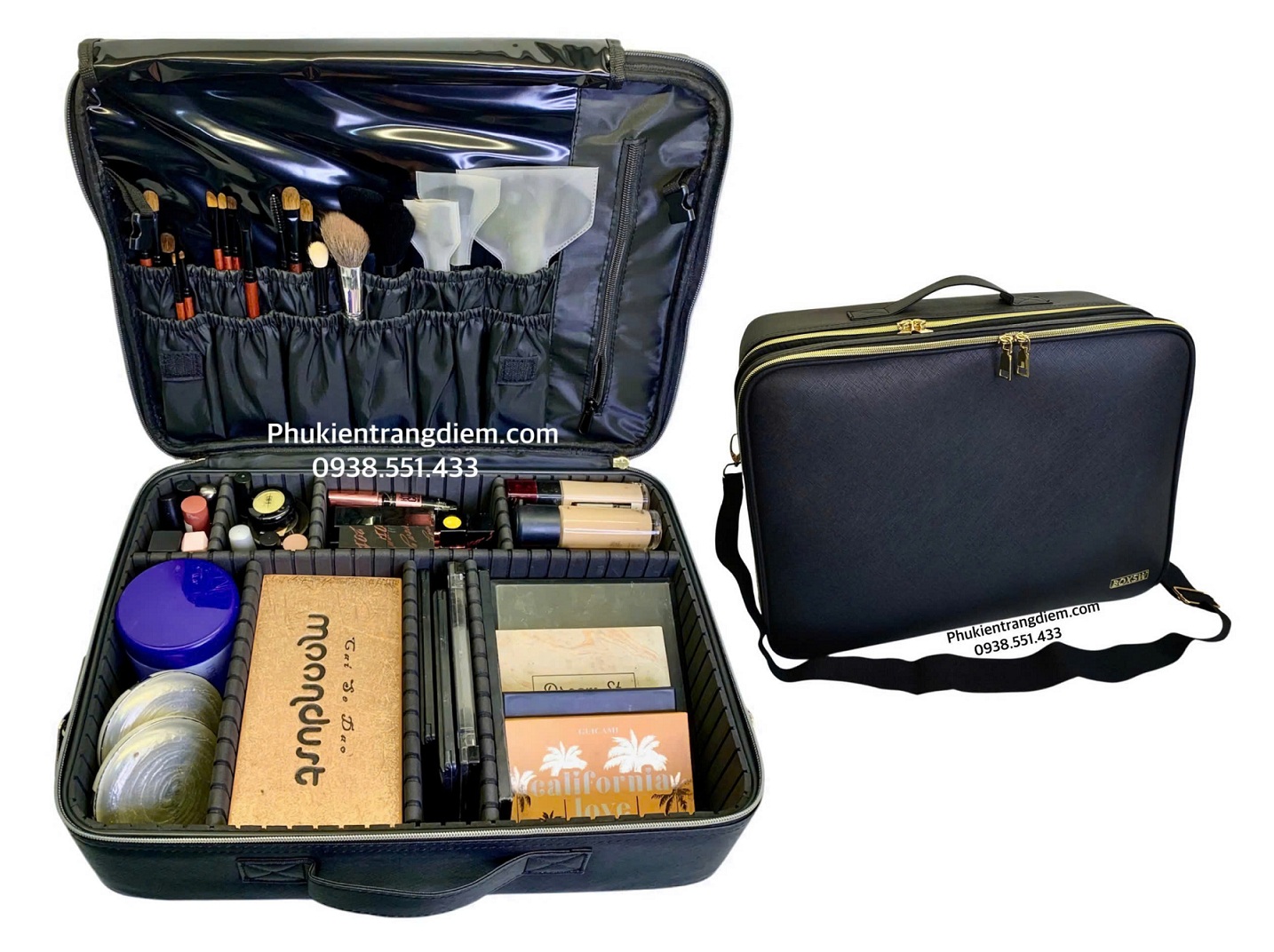 cốp makeup BOXSW bằng da c&oacute; quai x&aacute;ch tay m&agrave;u đen size lớn